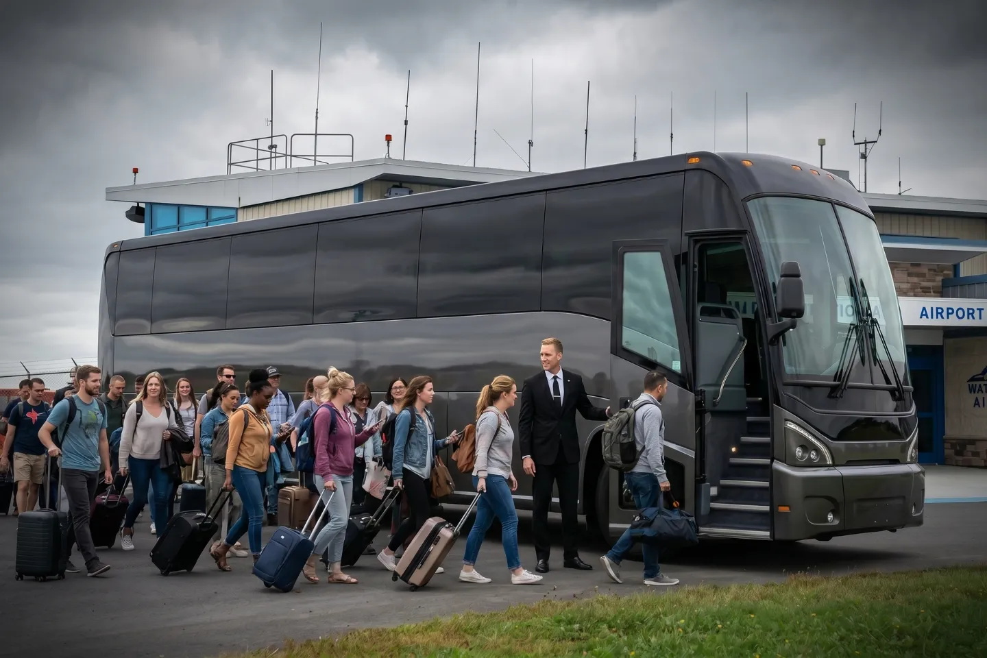 Charter bus waiting outside Watertown International Airport for an arriving group