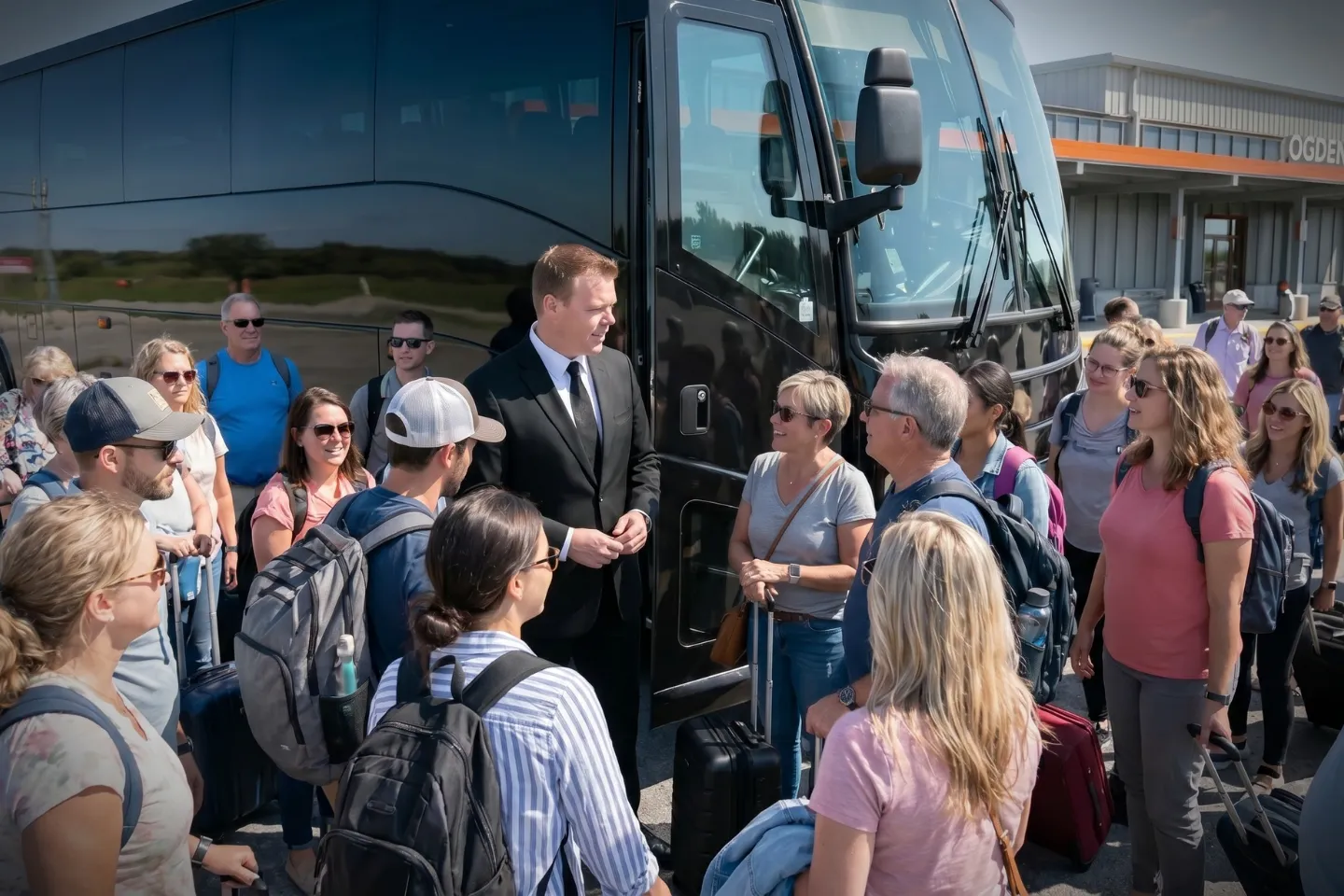 Passengers boarding a charter bus at the OGS Airport pickup curb