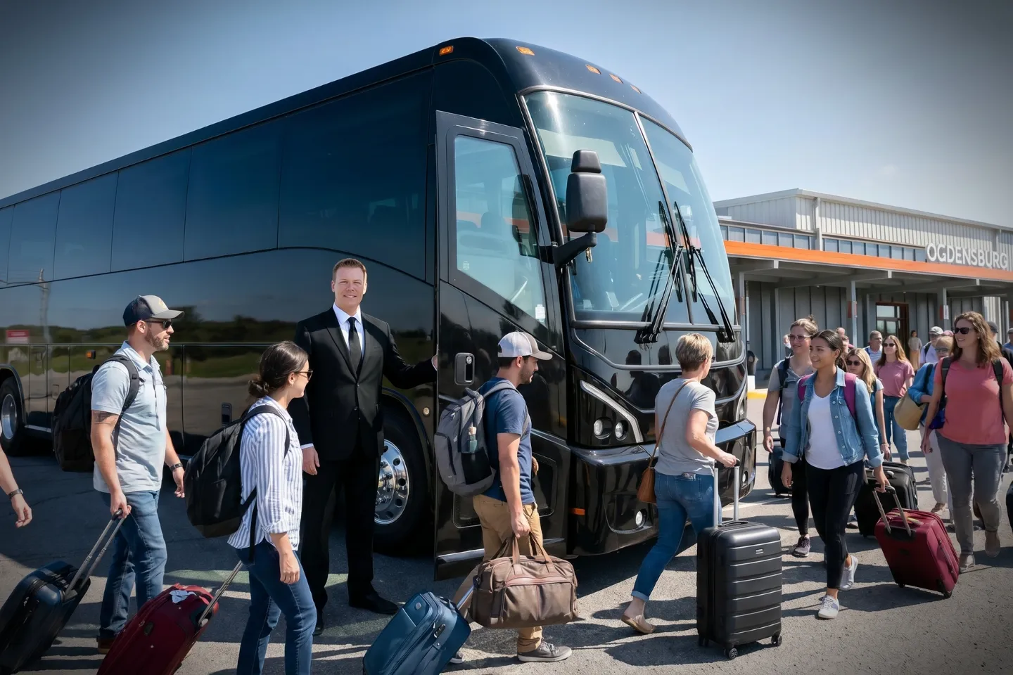Motorcoach parked outside Ogdensburg International Airport awaiting a group