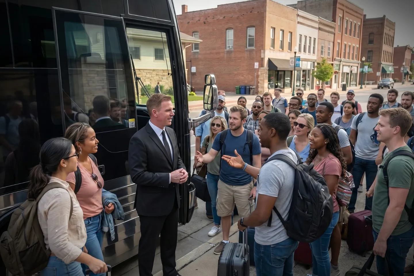 Passengers boarding a motorcoach at the MSS Airport pickup area