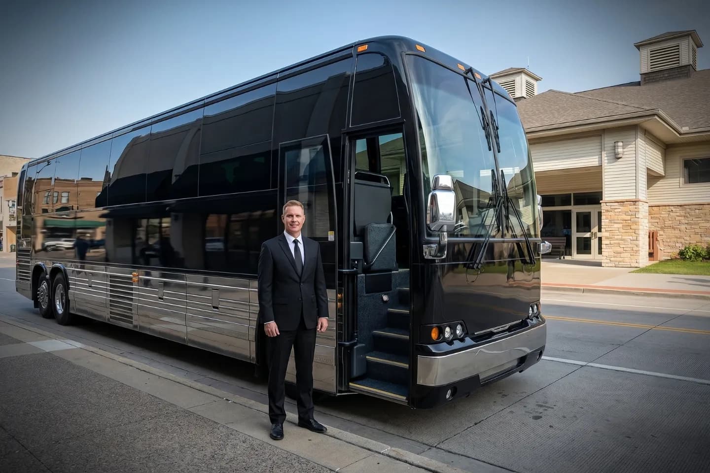 Group lined up beside a charter bus rental at MSS Airport