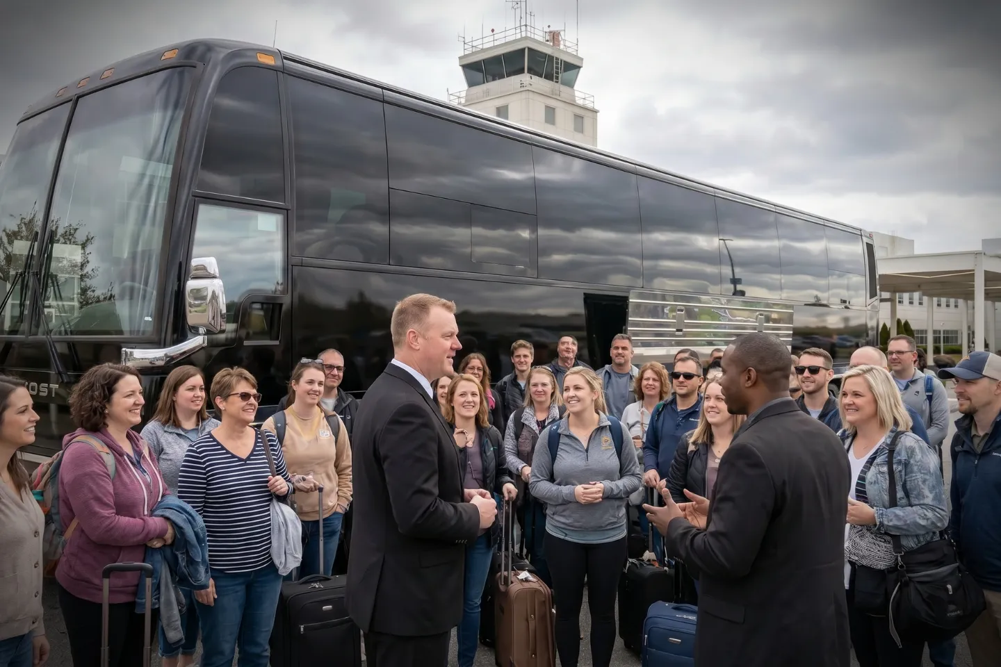 Travelers boarding a charter bus at the BGM Airport pickup curb
