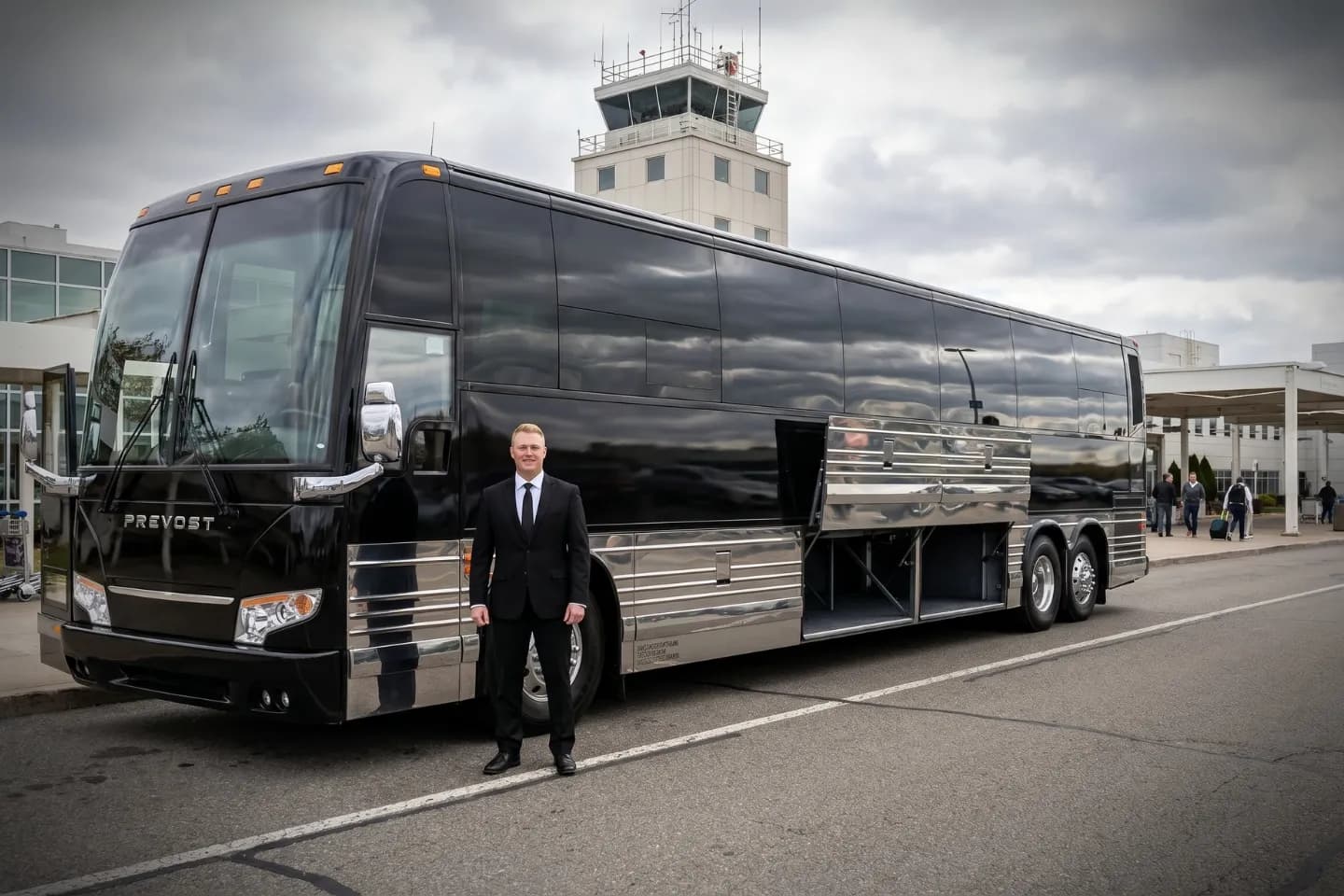 Greater Binghamton (BGM) Airport Charter Bus Rental Service Students gathered beside their coach at Greater Binghamton Airport