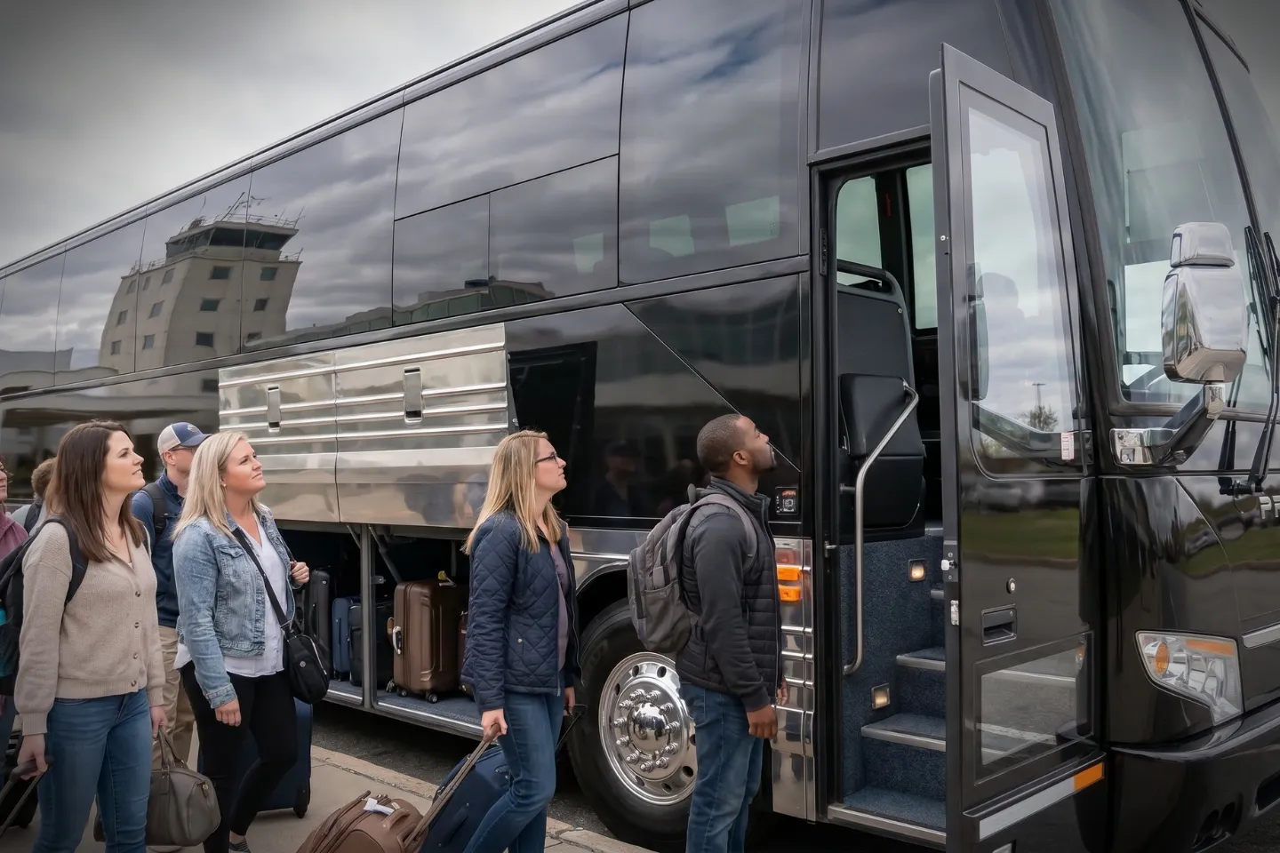 Charter bus rental waiting near the BGM Airport terminal entrance
