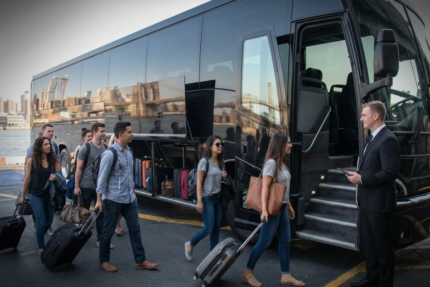 Driver loading luggage into a charter bus outside the TSS heliport
