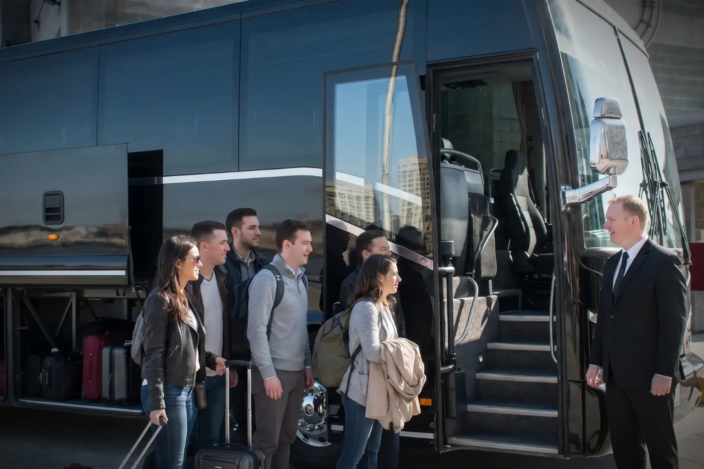 Driver loading luggage into a charter bus outside the JRB heliport