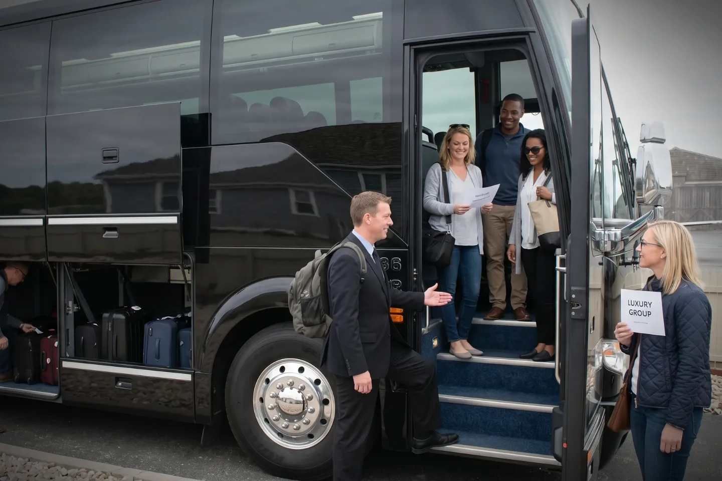 Group gathered beside their charter bus rental at MTP Airport