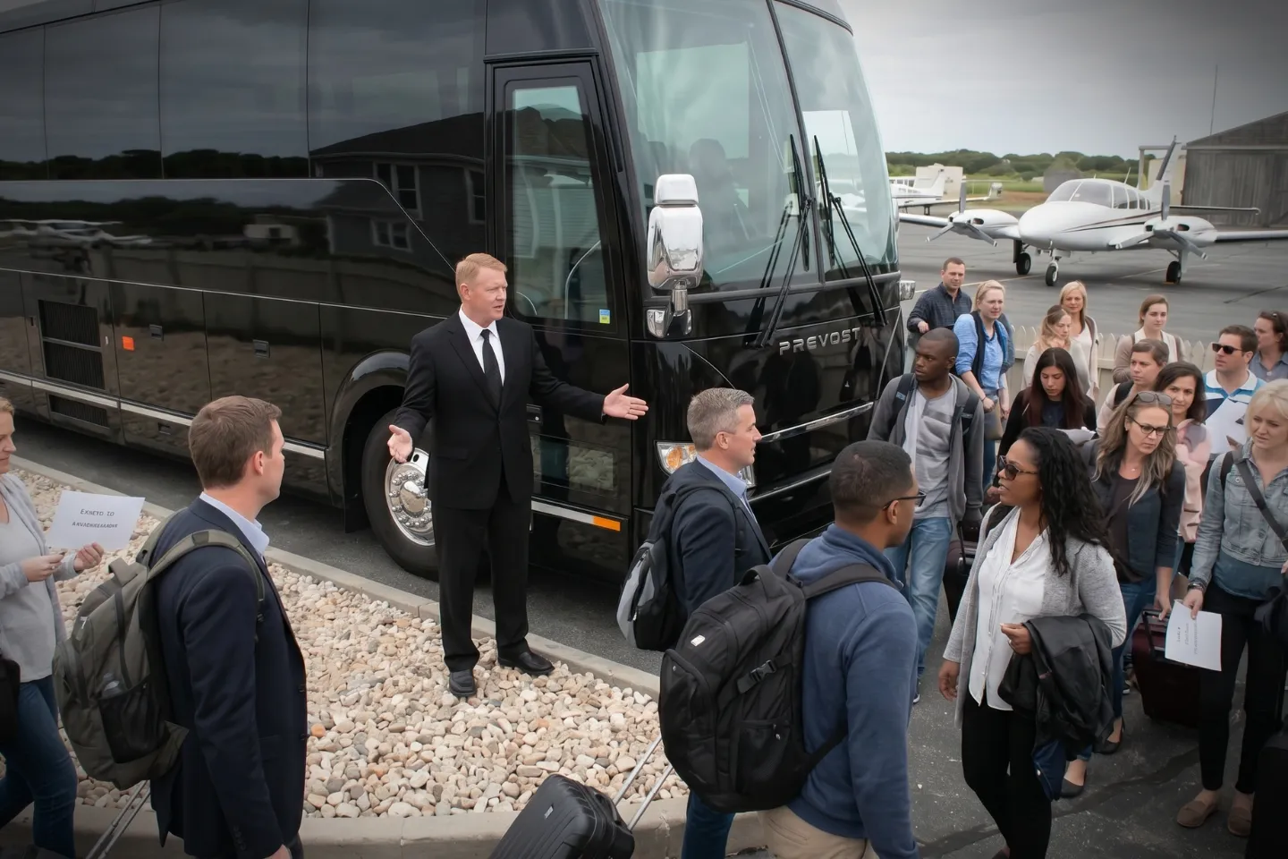 Coach parked near the Montauk airport terminal during a group pickup