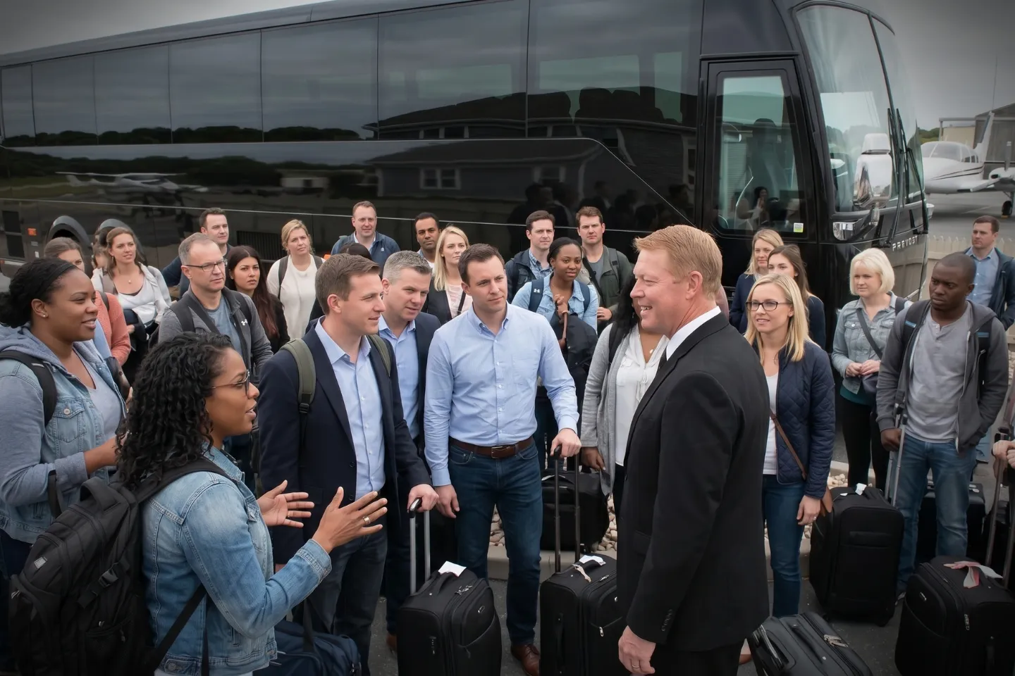 Passengers boarding a motorcoach at the MTP Airport pickup area