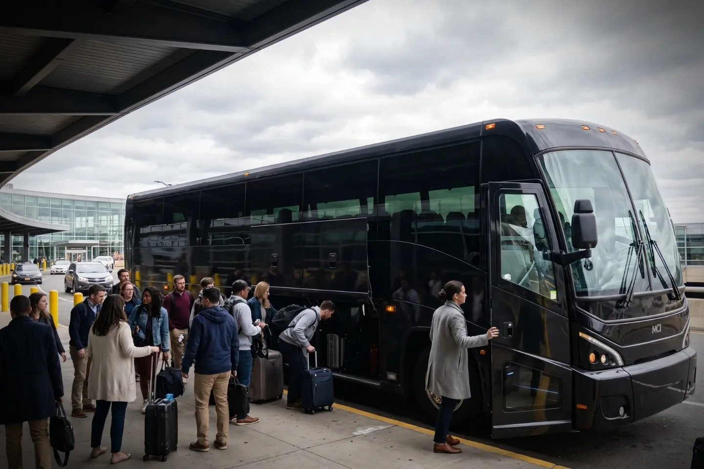 Chauffeur loading luggage into a charter bus at BDL Airport in Windsor Locks