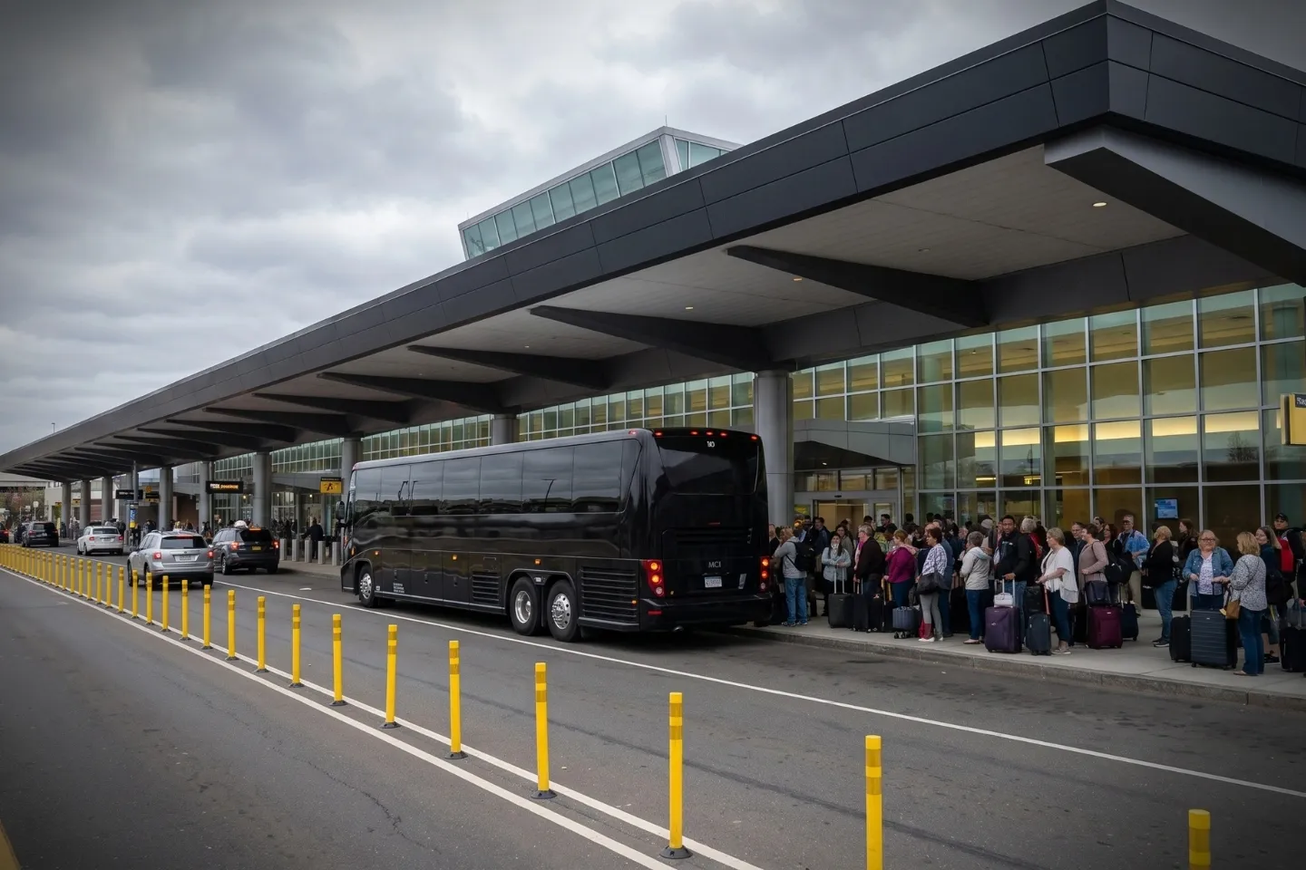 Passengers boarding a charter bus rental outside Bradley Airport arrivals