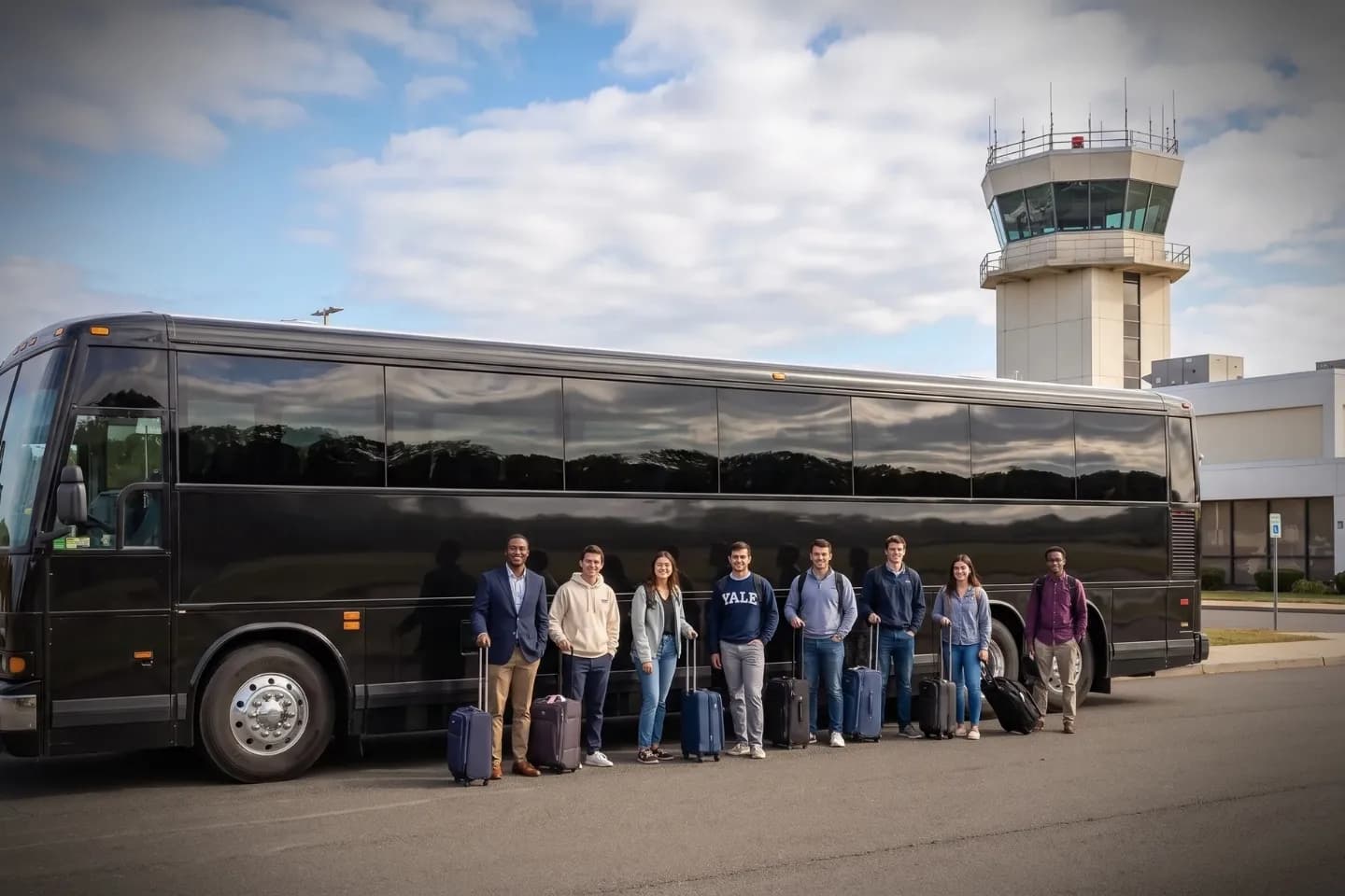 Group boarding a Tweed New Haven charter bus for a Connecticut shoreline trip