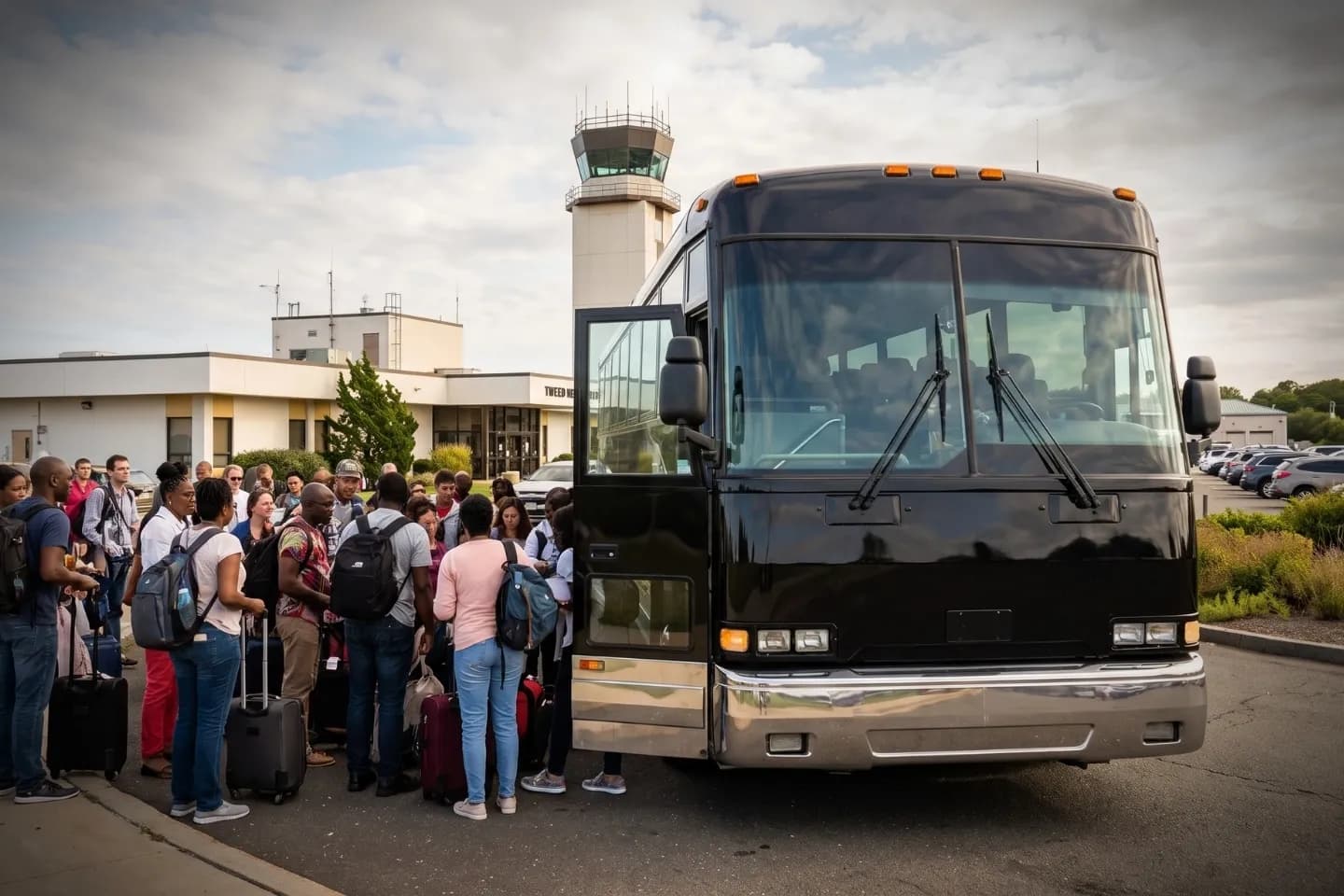 Black motor coach idling at the HVN Airport pickup area in New Haven