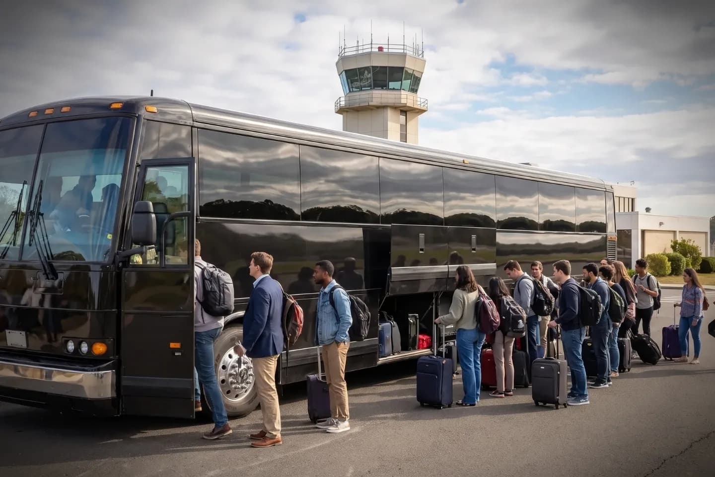Spacious charter bus interior ready for passengers arriving at HVN Airport