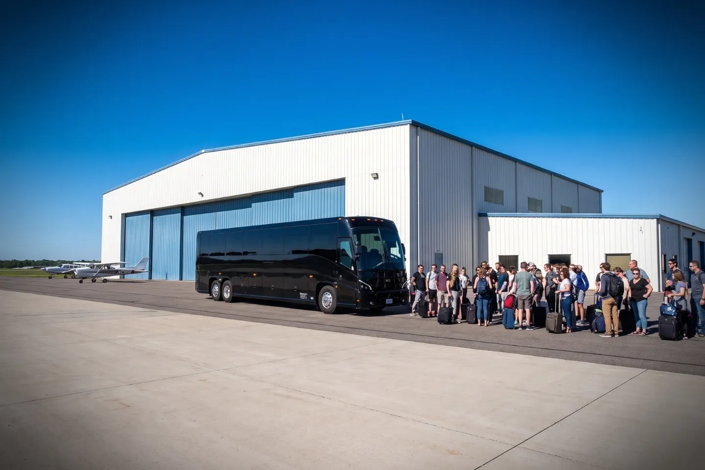 Charter bus waiting near the Waterbury Oxford Airport OXC general aviation terminal
