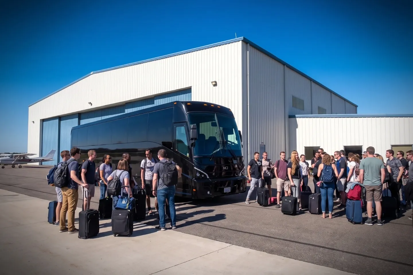 Group loading luggage into a Waterbury Oxford charter bus rental