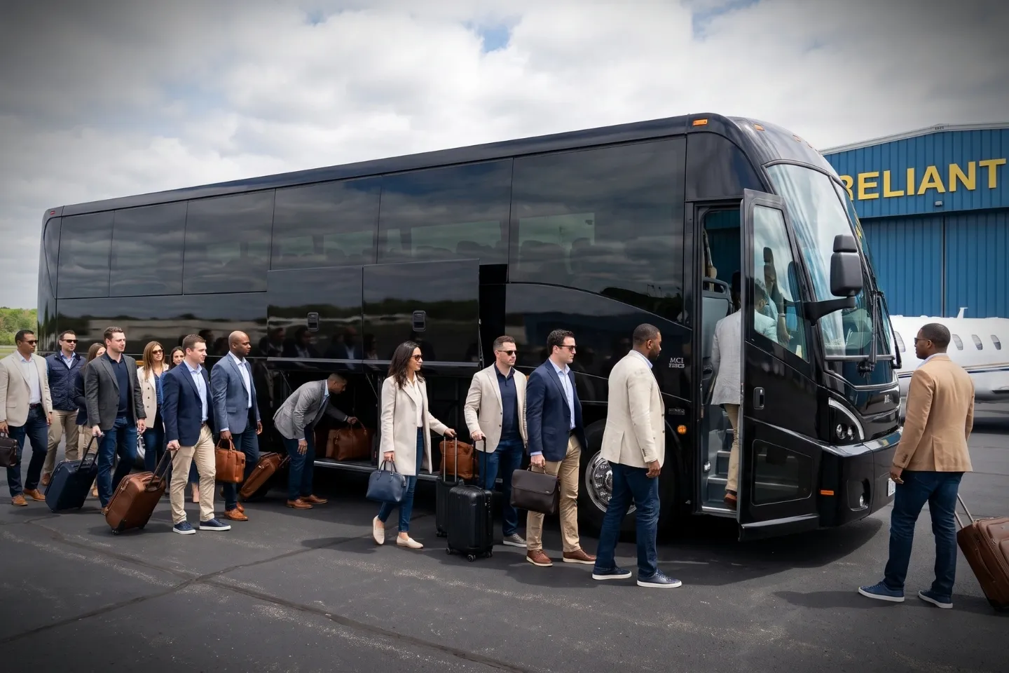 Charter bus cabin with overhead storage for Danbury Airport passengers