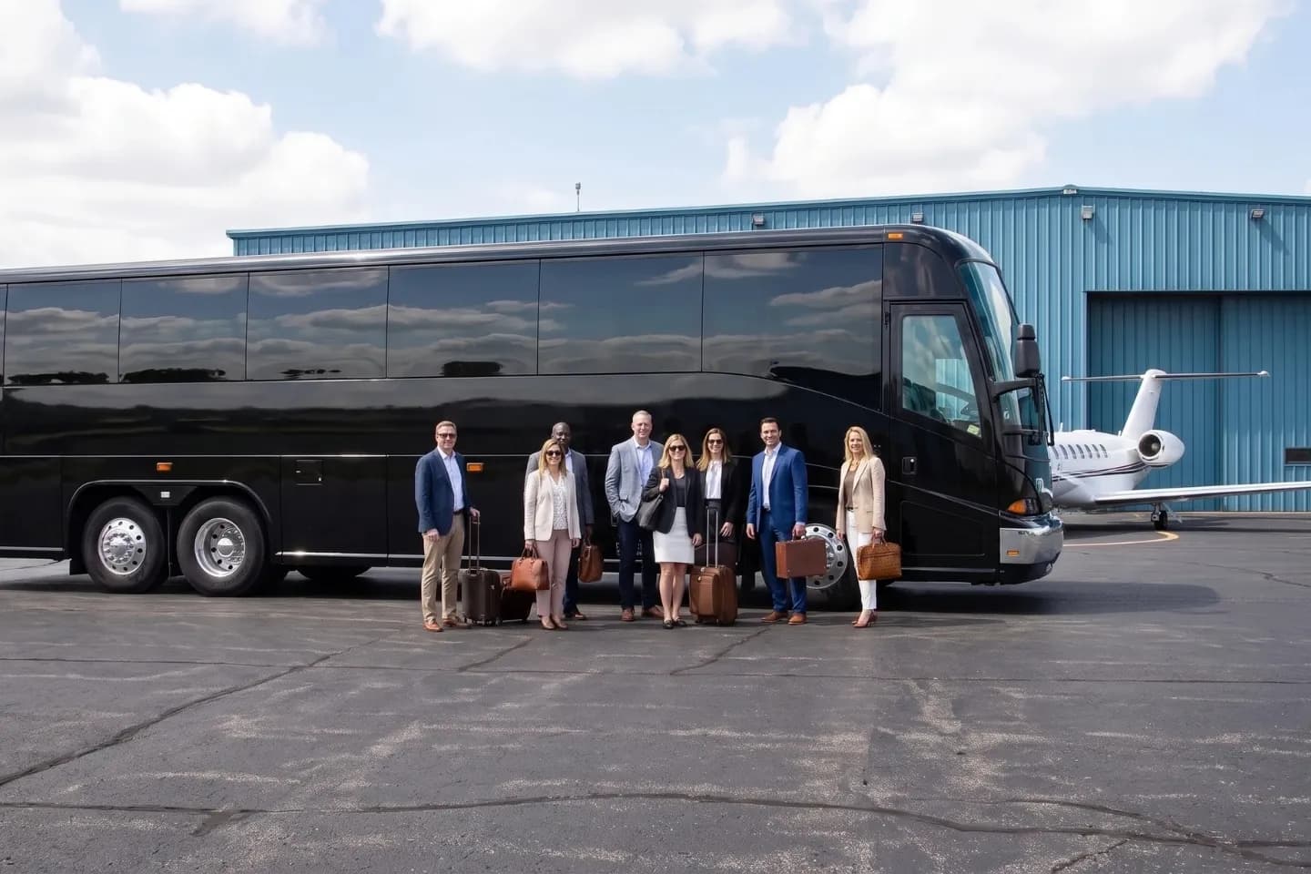 Chauffeur helping guests with bags beside a Danbury Municipal charter bus