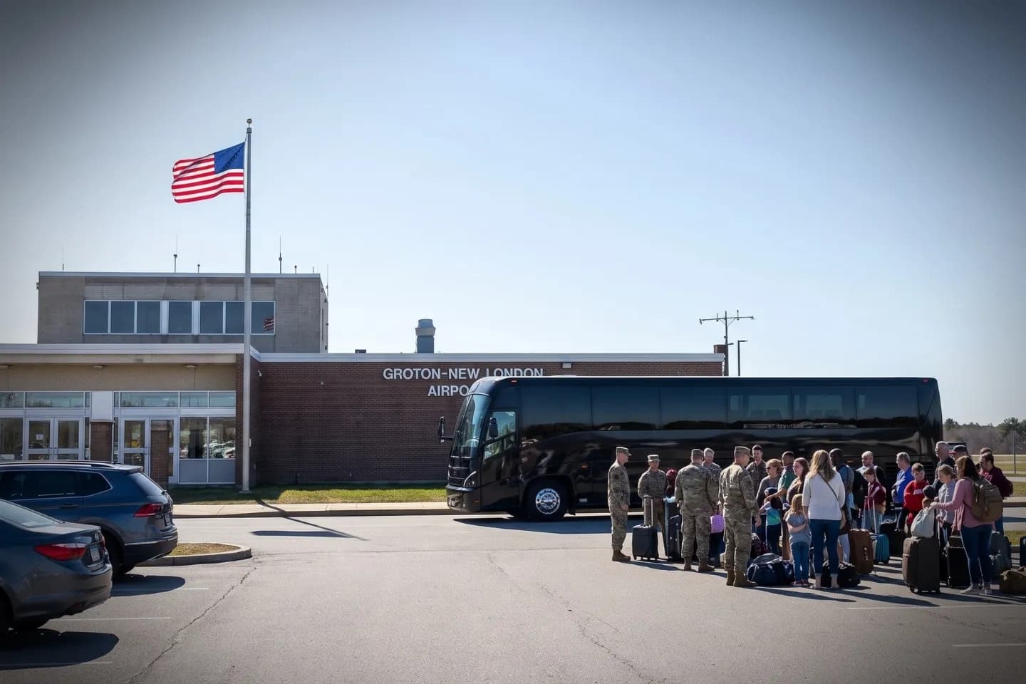 Charter bus parked at the Groton New London Airport GON terminal entrance