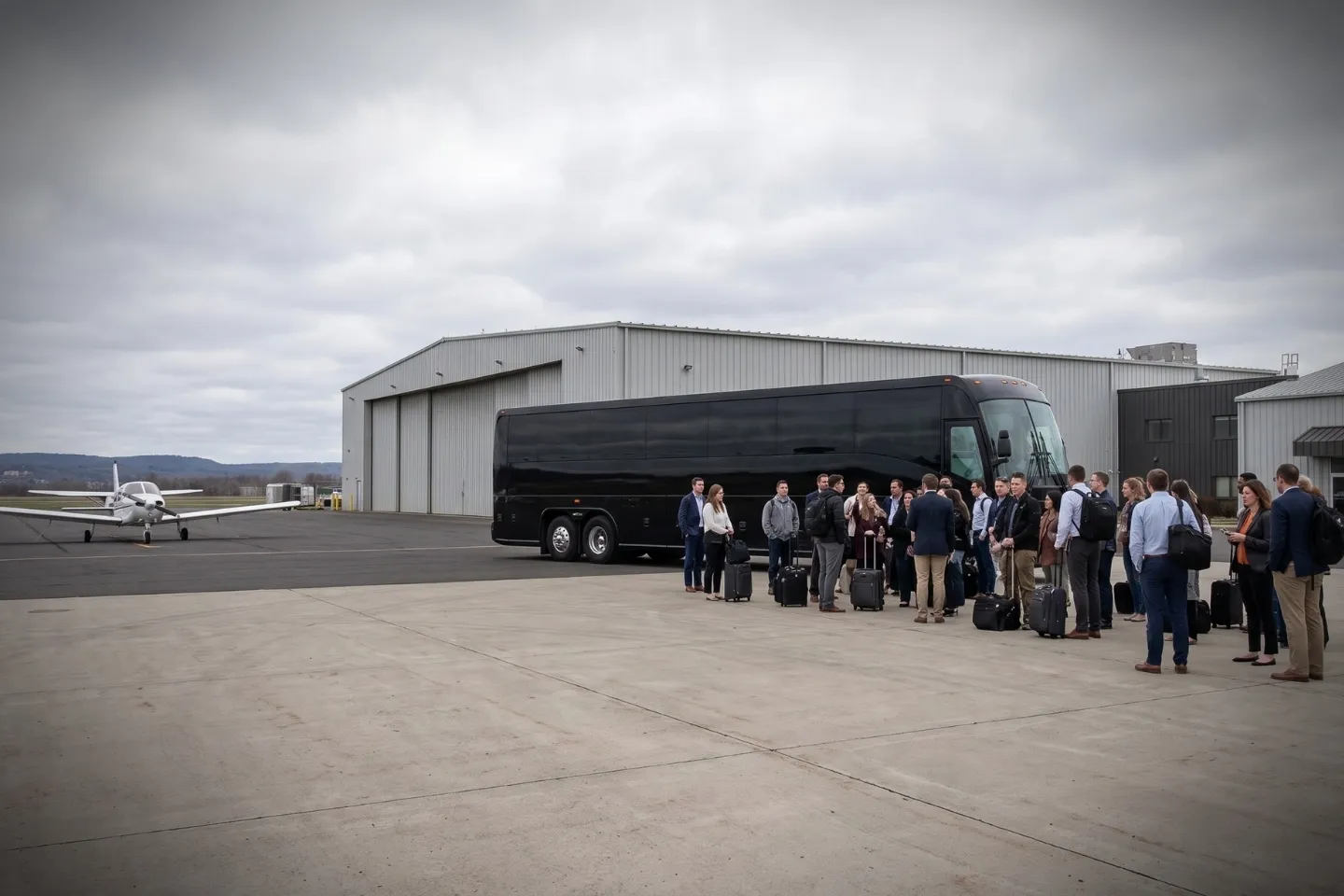 Charter bus rental parked outside the Hartford Brainard Airport HFD terminal