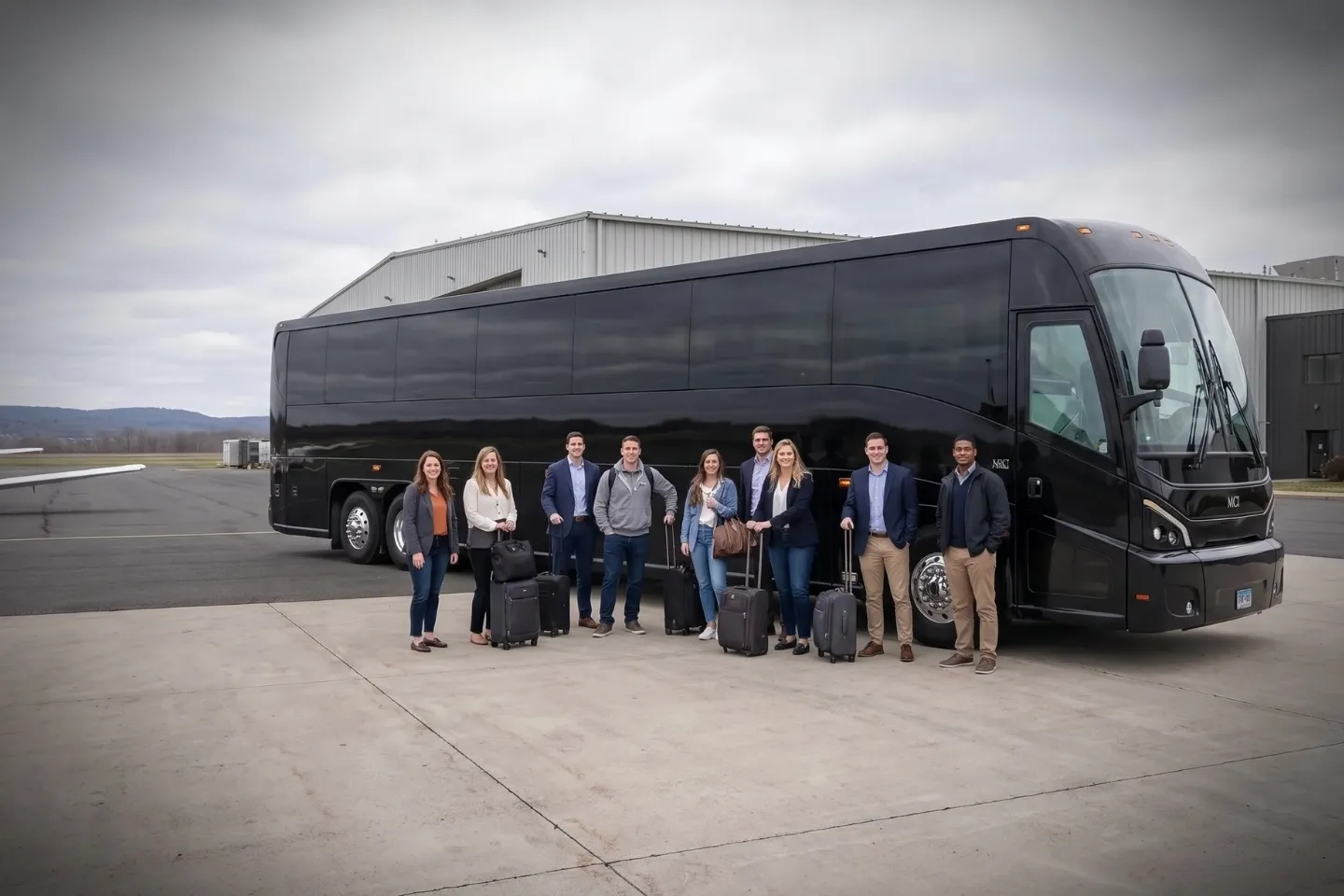 Executive group boarding a Hartford Brainard charter bus for a downtown event