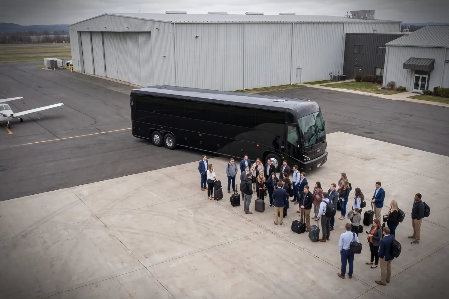 Passengers stepping onto a motor coach at Hartford Brainard Airport Connecticut