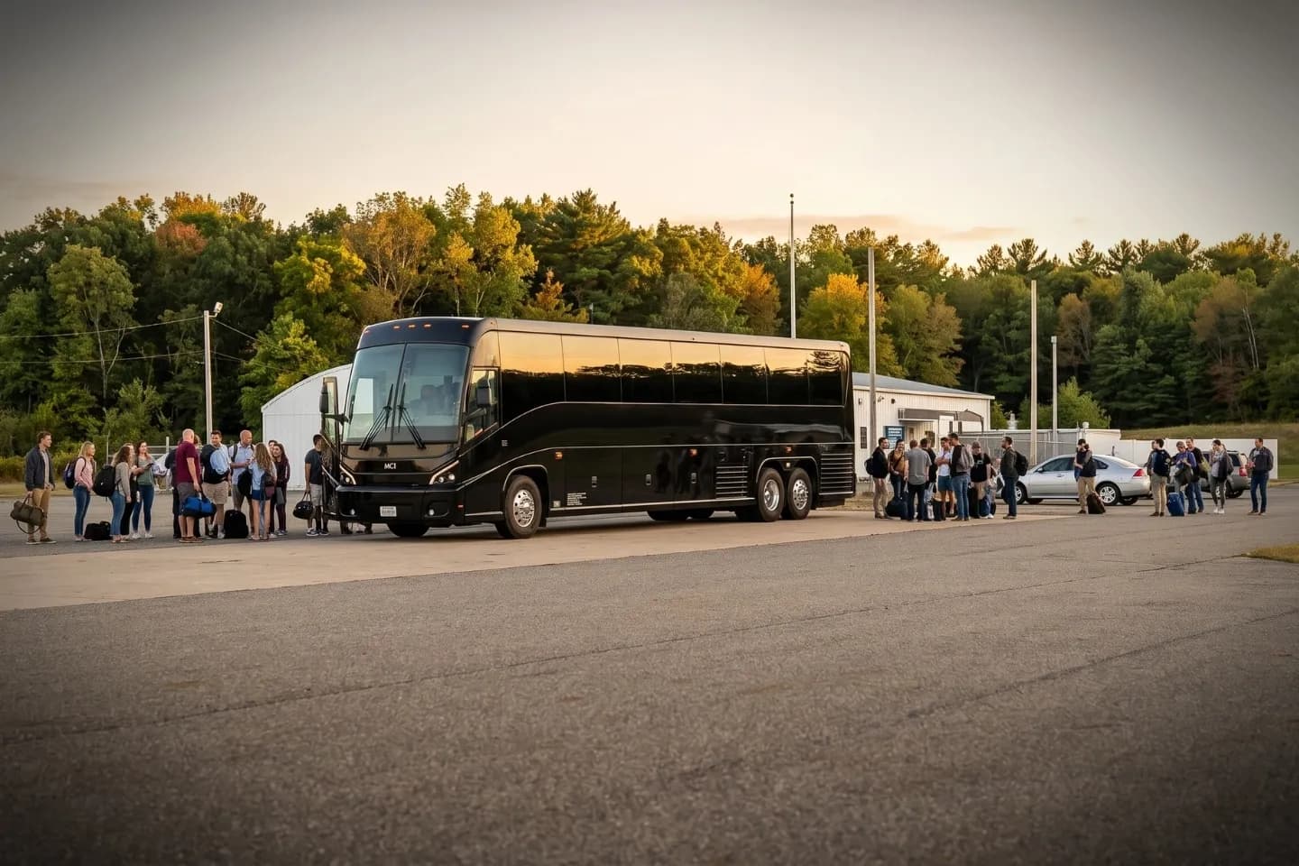 Charter bus parked outside Newark Liberty International Airport Terminal B arrivals curb
