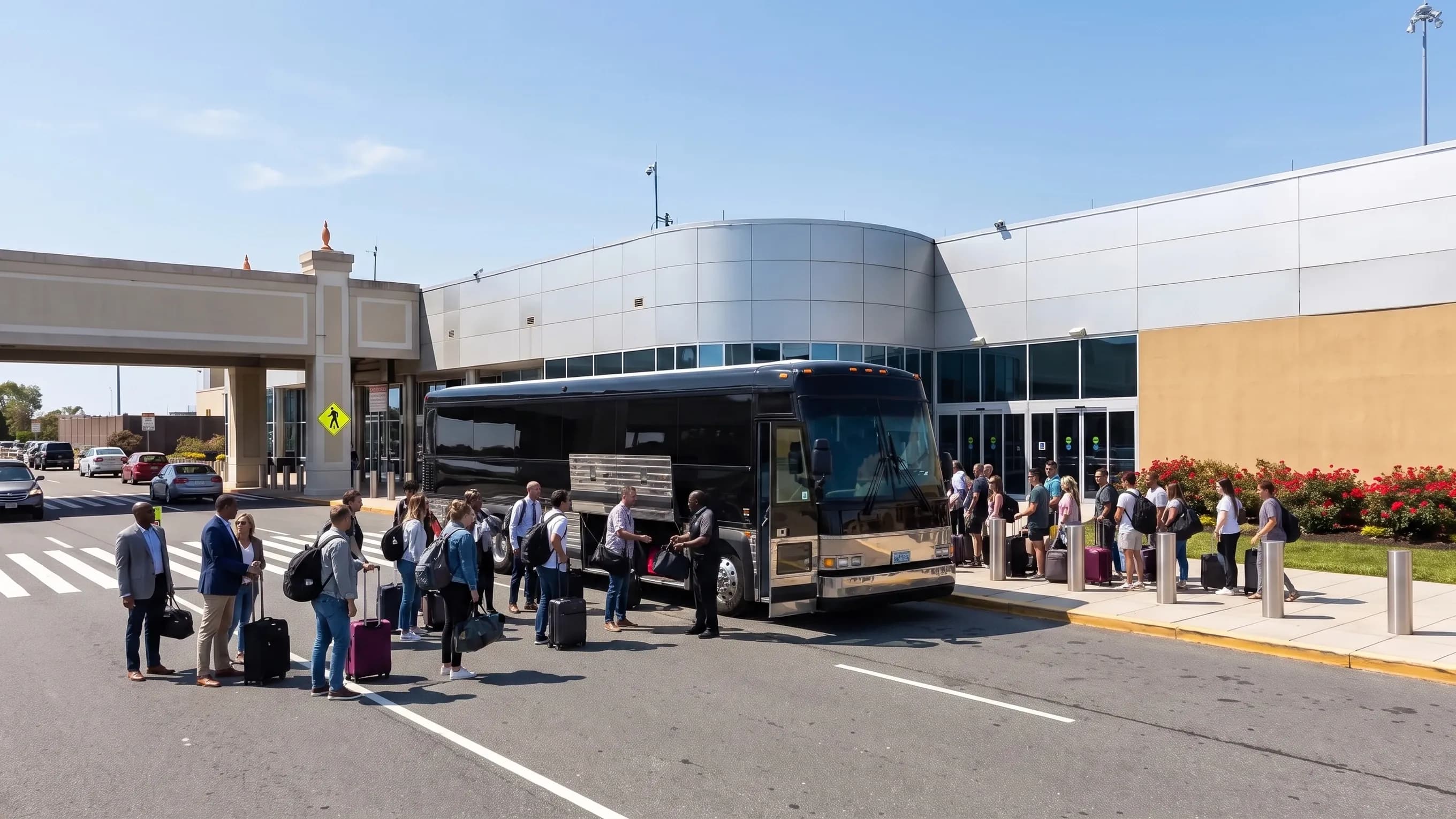 Mini bus loading golf bags and luggage at the Atlantic City airport curbside