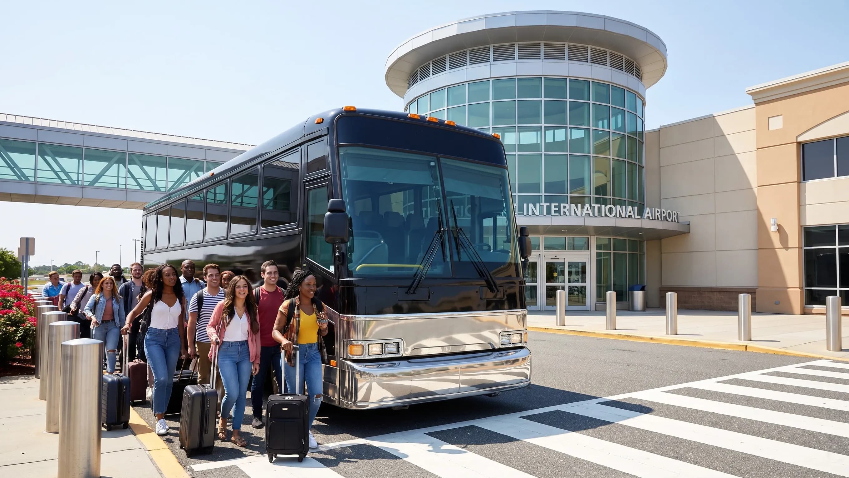 White charter bus crossing the access road at Atlantic City International Airport