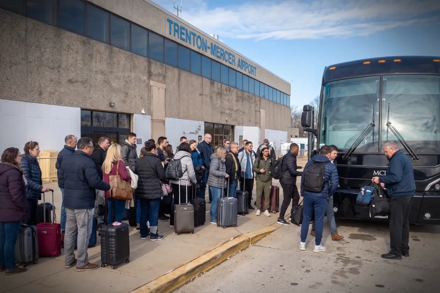 Motorcoach parked beside the Trenton–Mercer Airport terminal building