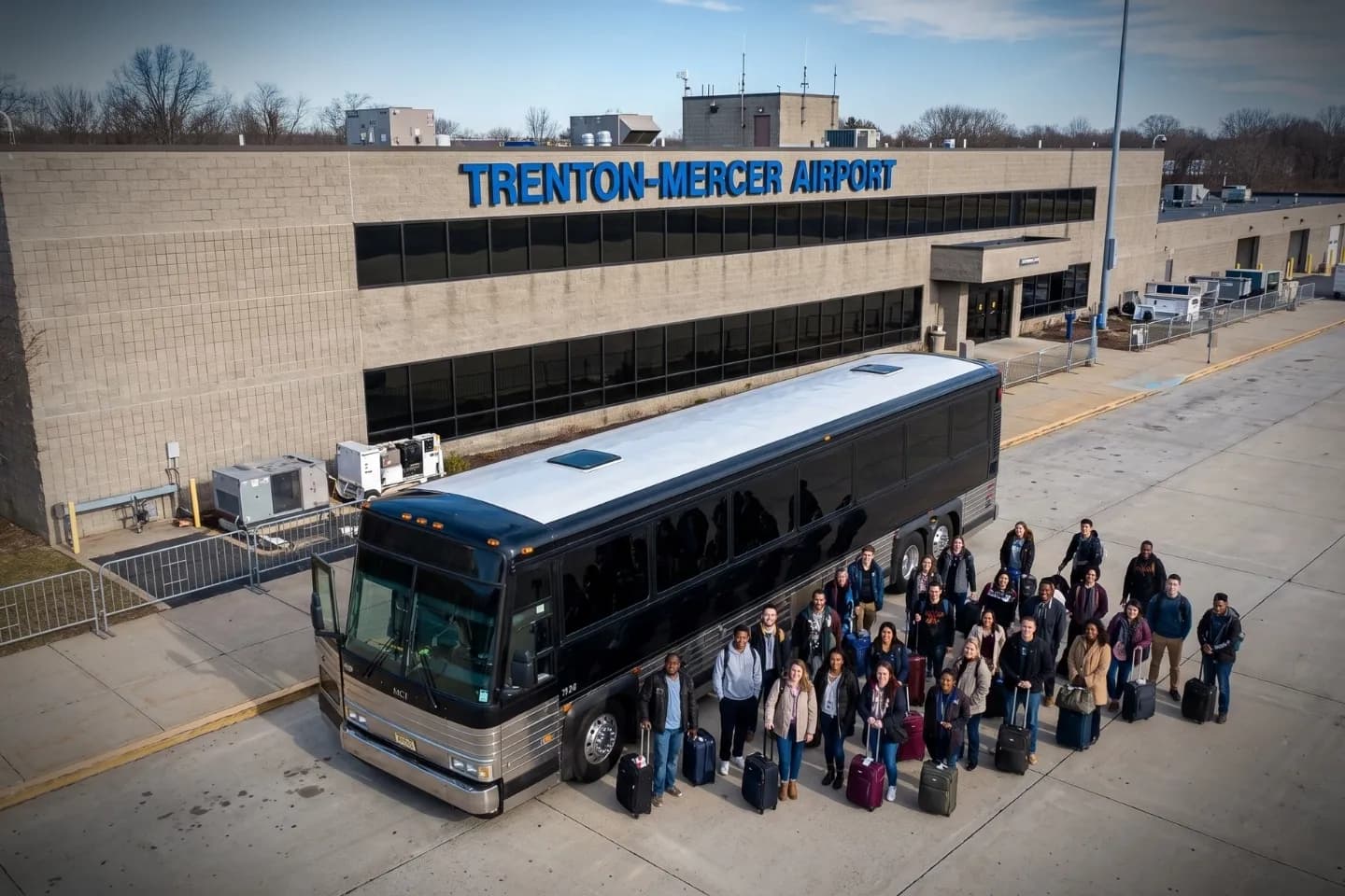 Trenton–Mercer (TTN) Airport Charter Bus Rental Service Charter bus waiting at the Trenton–Mercer Airport passenger terminal curb