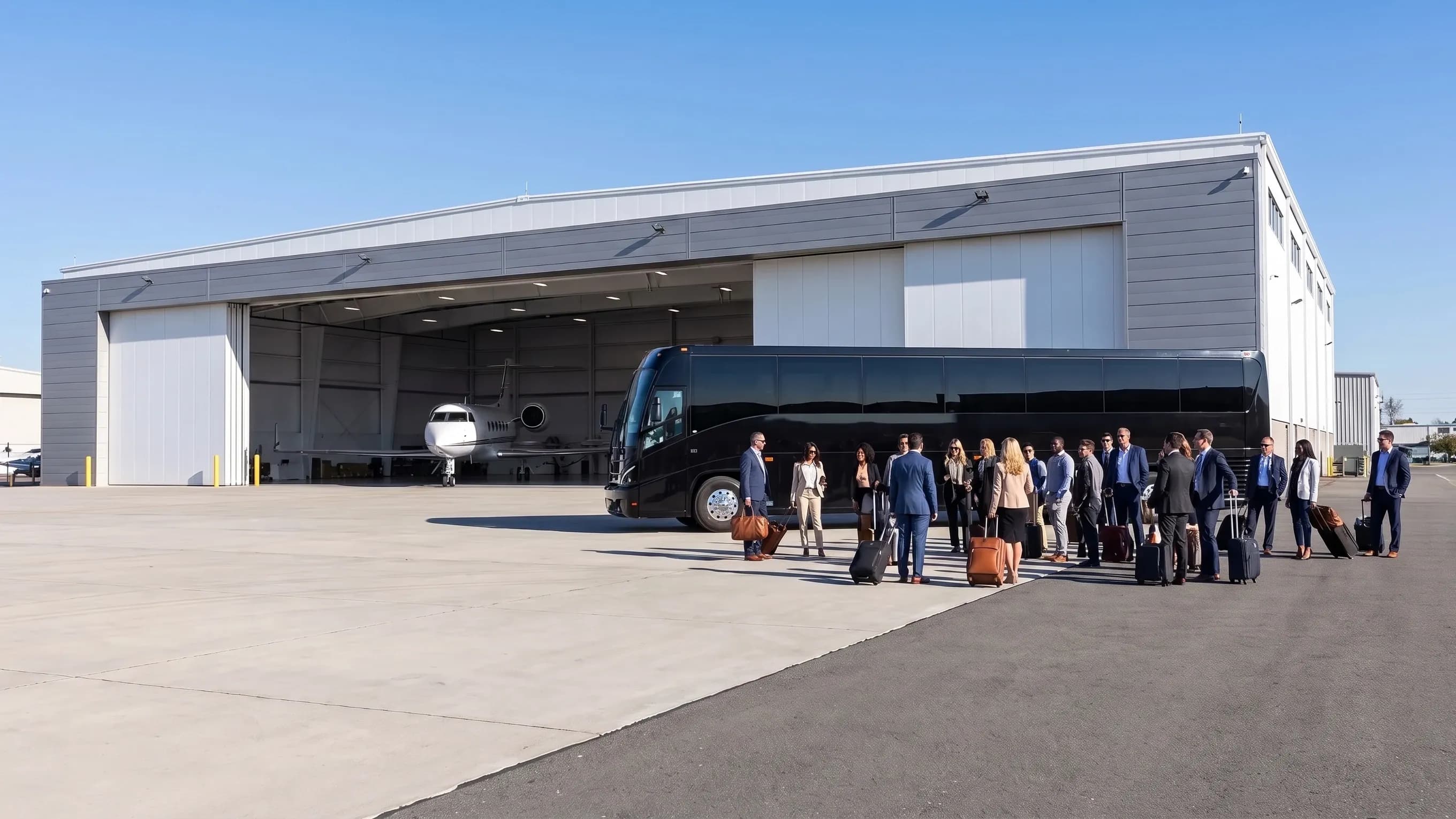 Chauffeur moving luggage from a private jet into a Teterboro charter bus