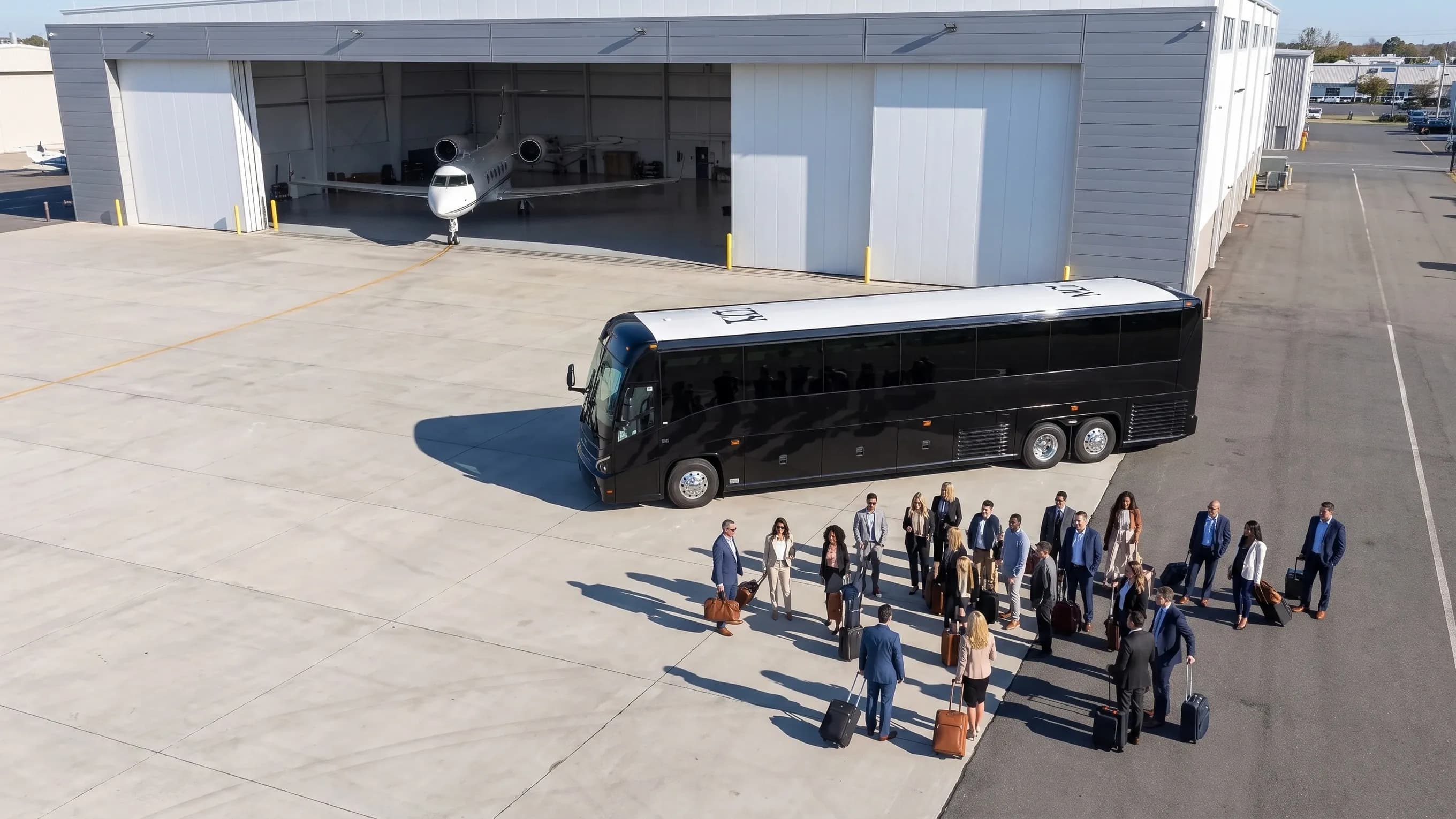 Corporate travelers boarding a charter bus at the TEB private aviation terminal