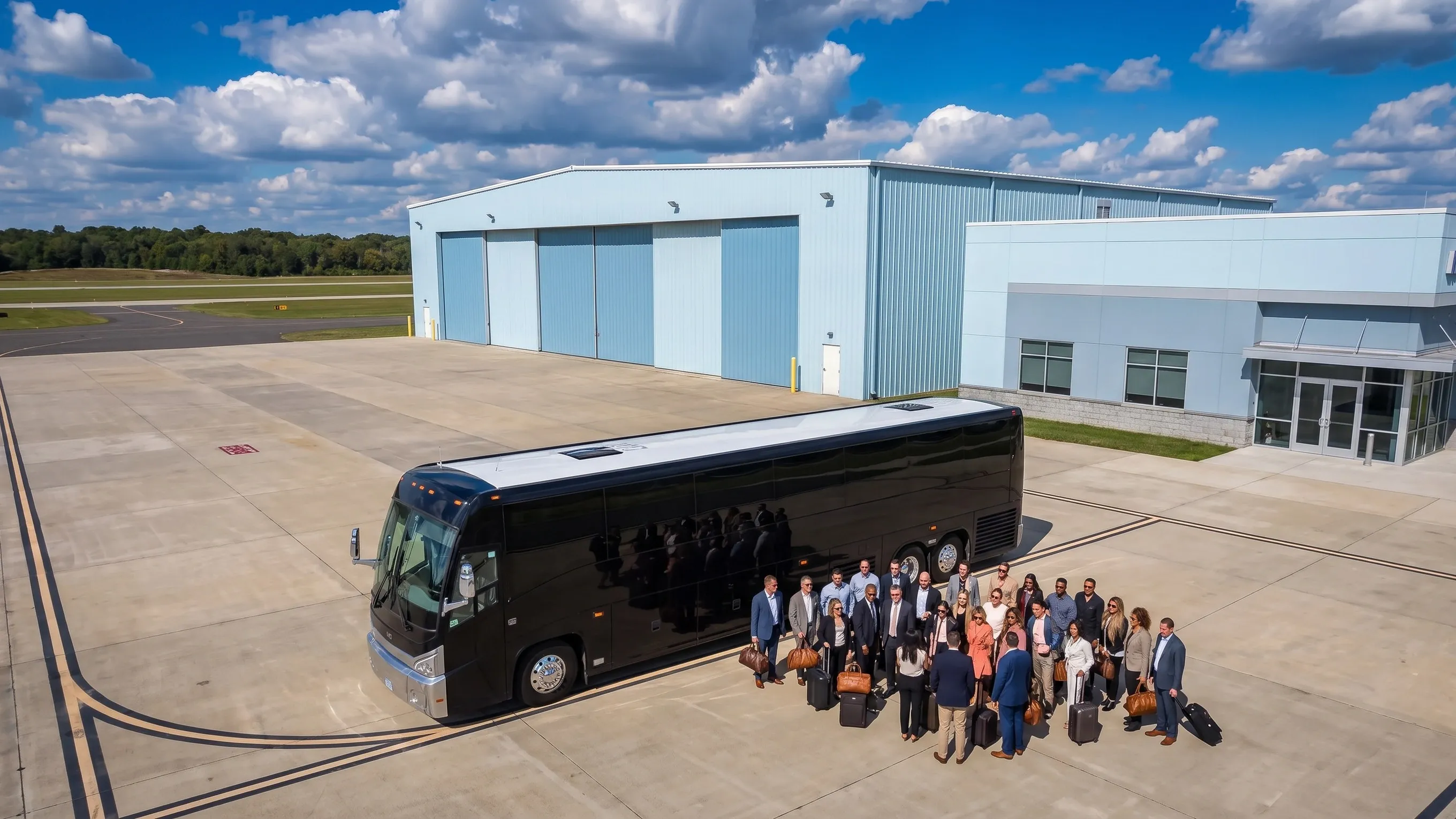Passengers boarding a motorcoach near parked private aircraft at MMU airport