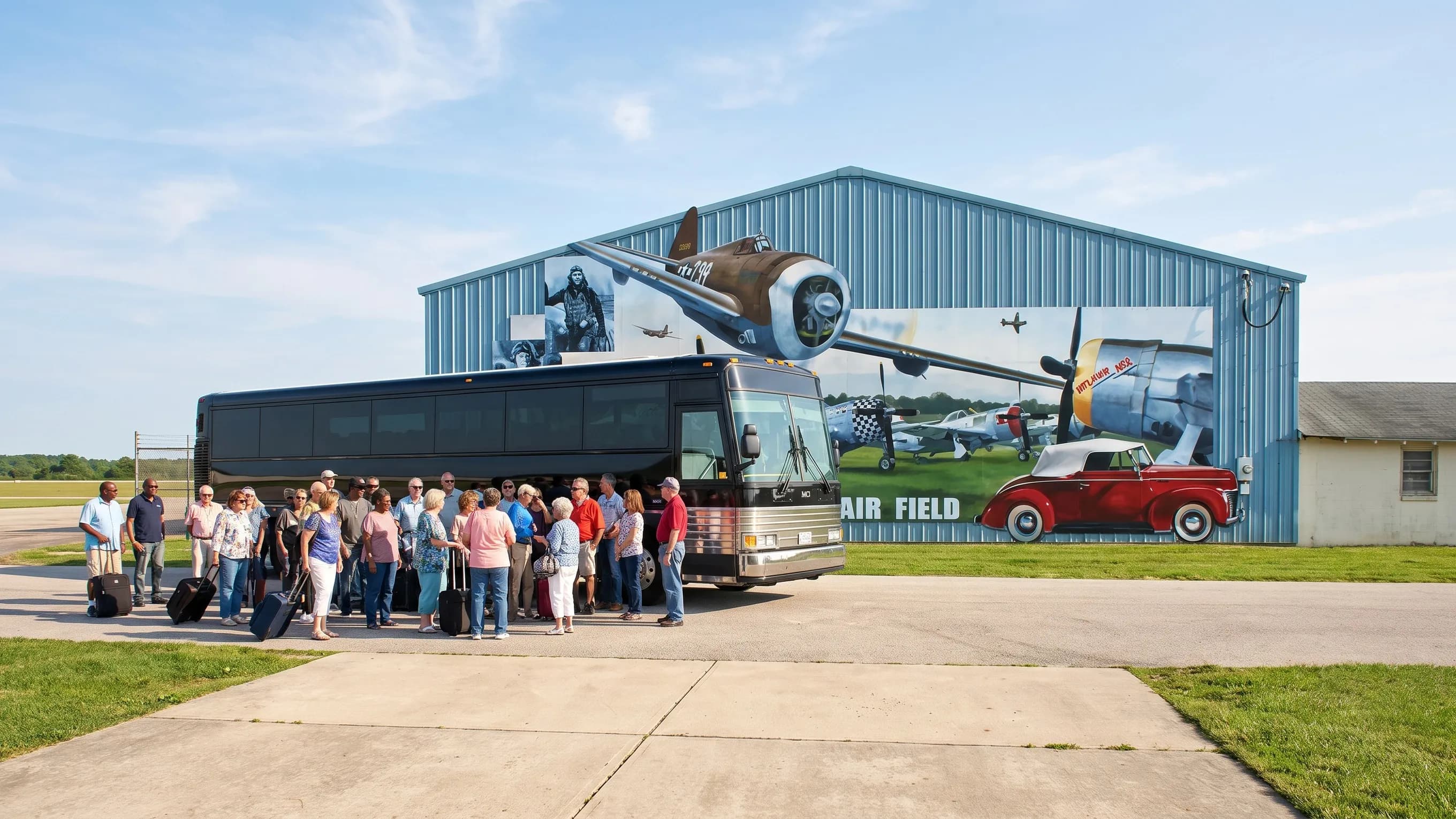 White bus departing along the Millville Municipal Airport entrance road