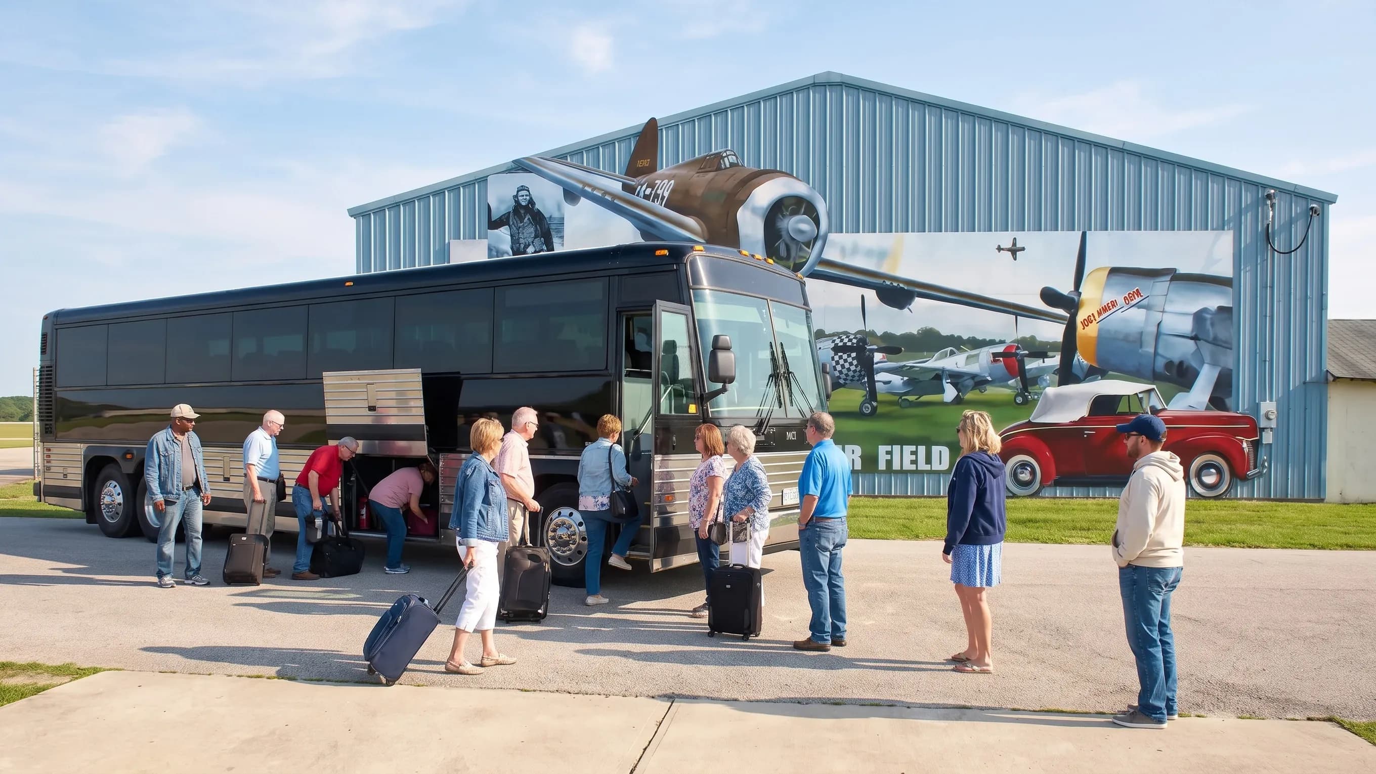 Shuttle van and coach waiting outside Millville airport in Cumberland County