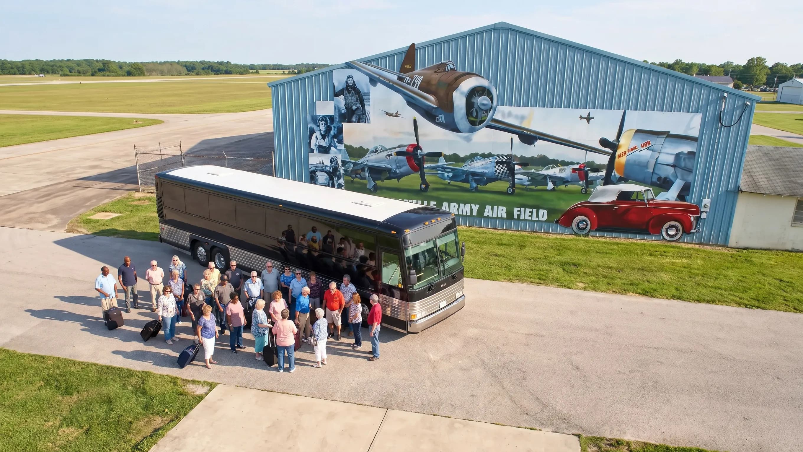 Group boarding a motorcoach on the ramp side of MIV airport