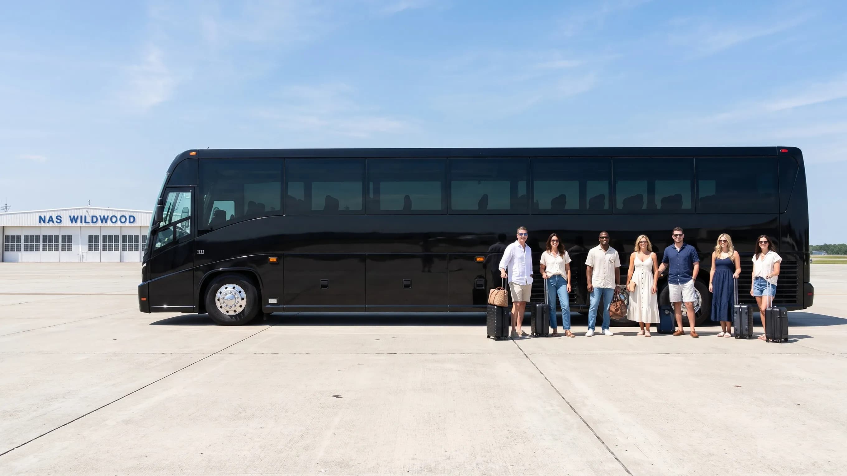Motorcoach waiting beside light aircraft at Cape May County Airport
