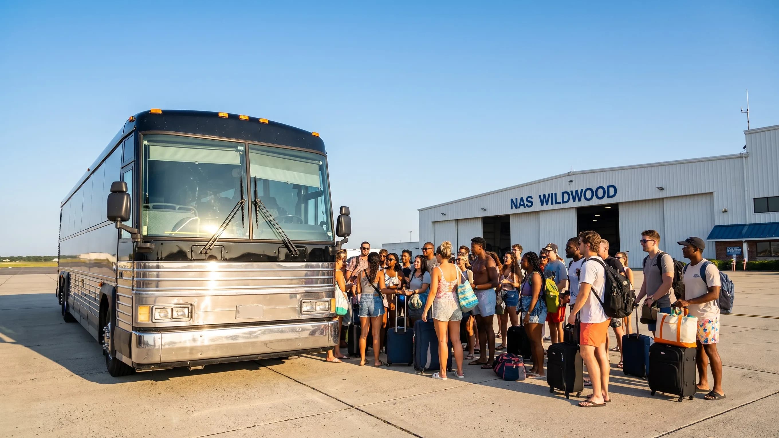 Shuttle bus on the road between Cape May airport and the Wildwood shore