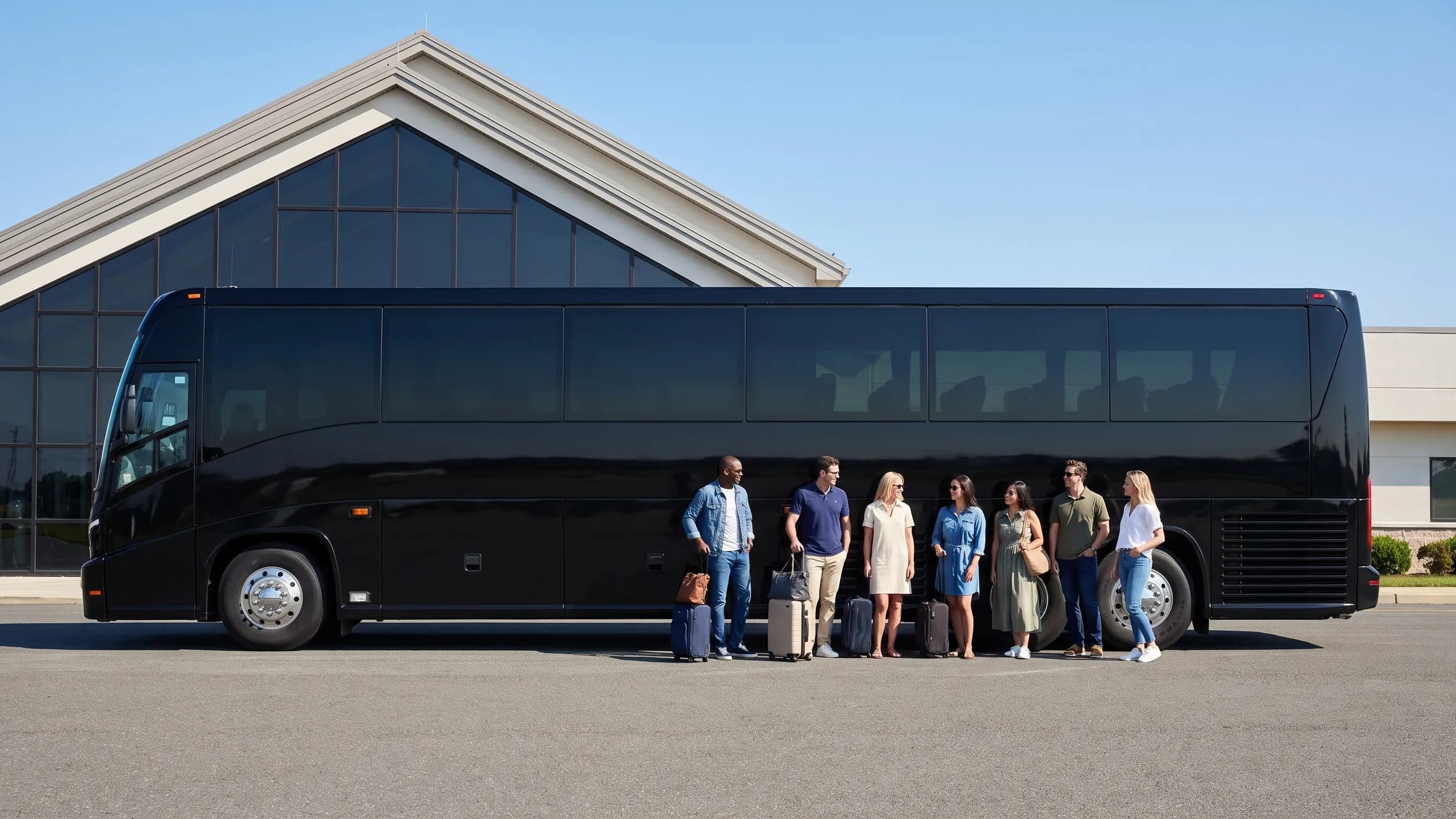 Coach waiting near hangars and small planes at Ocean County Airport