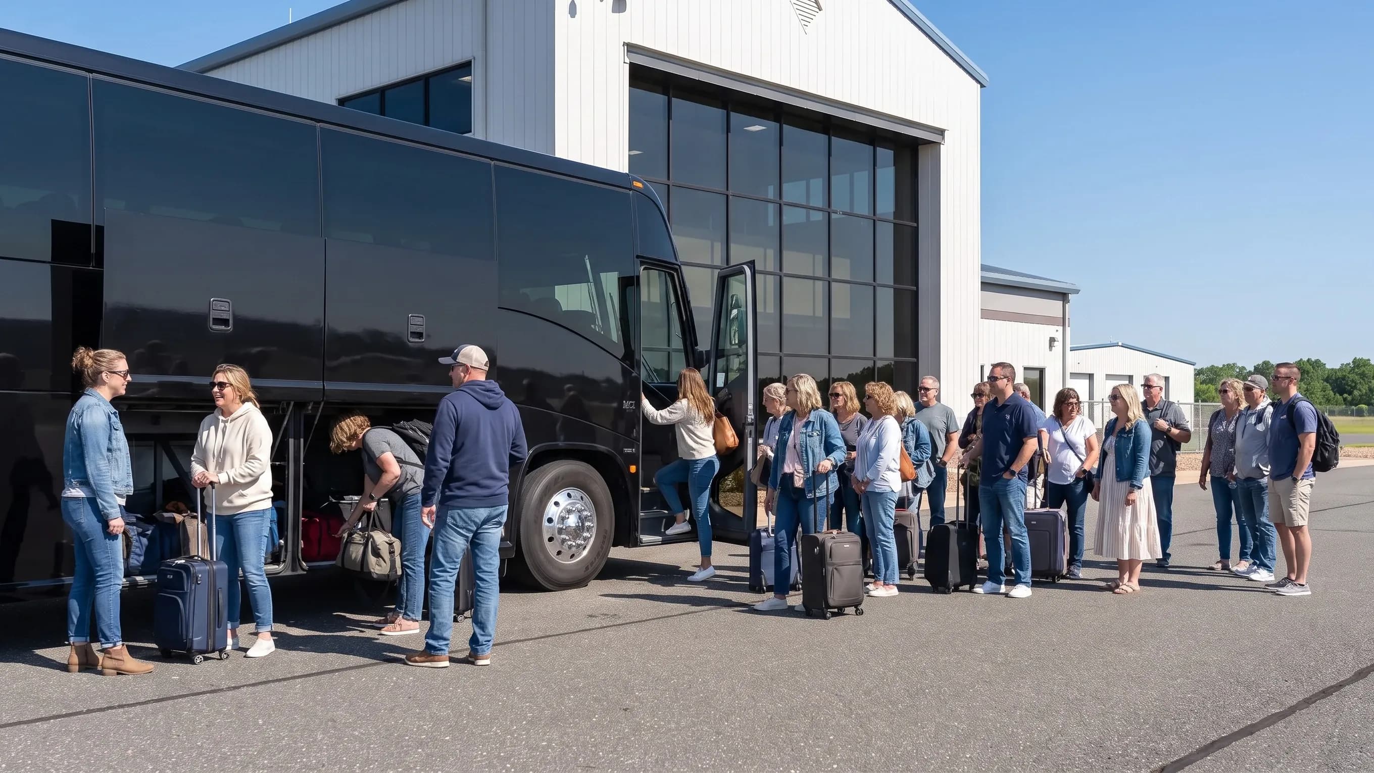 Wedding party boarding a motorcoach outside the MJX airport terminal