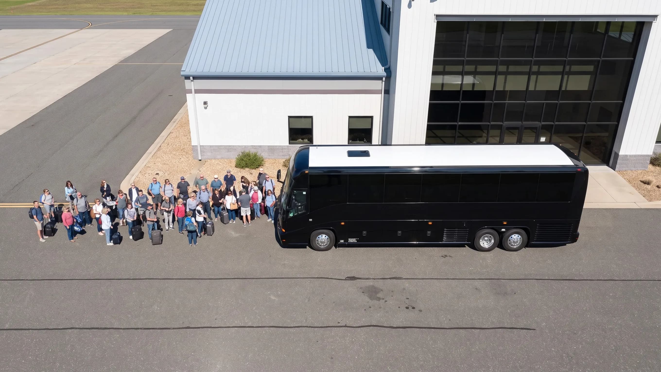 Charter bus parked at Ocean County Airport in Berkeley Township, New Jersey
