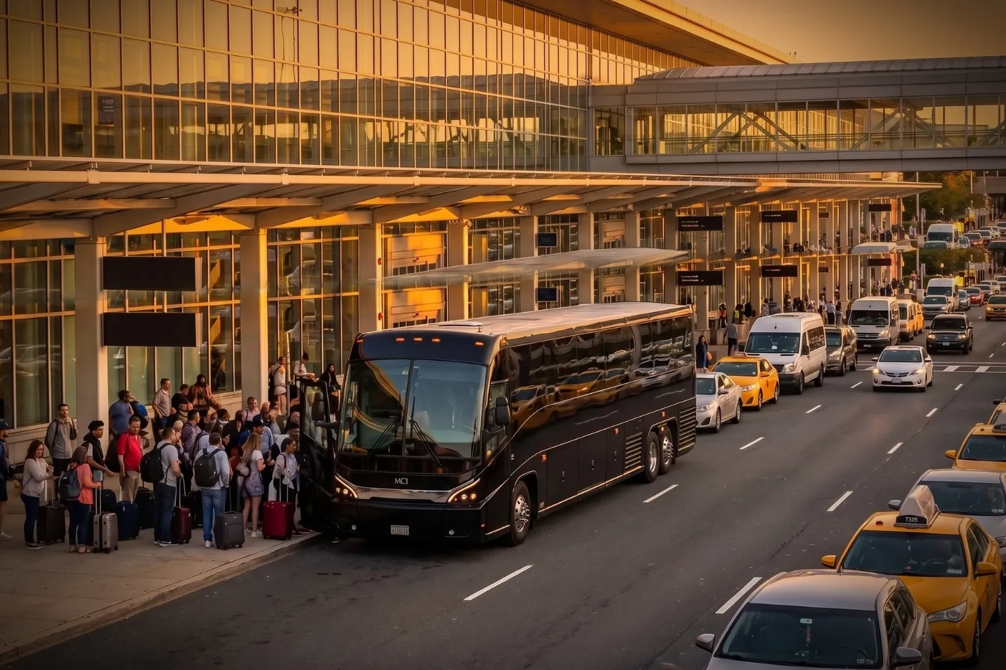 Charter bus rental waiting at the Philadelphia International Airport PHL terminal curb