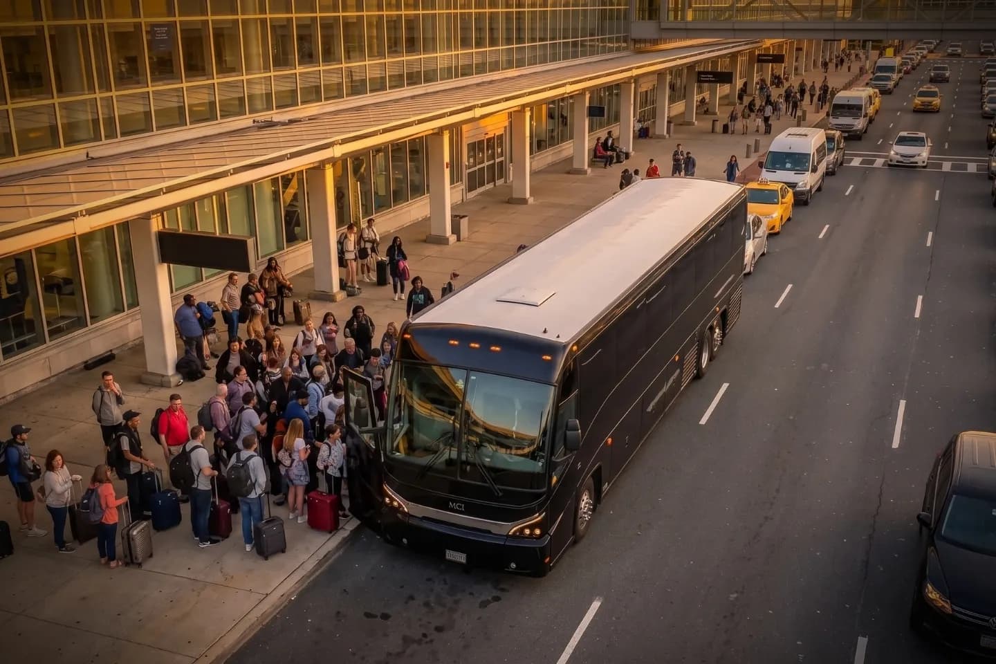 Passengers boarding a full size motor coach outside PHL arrivals in Philadelphia