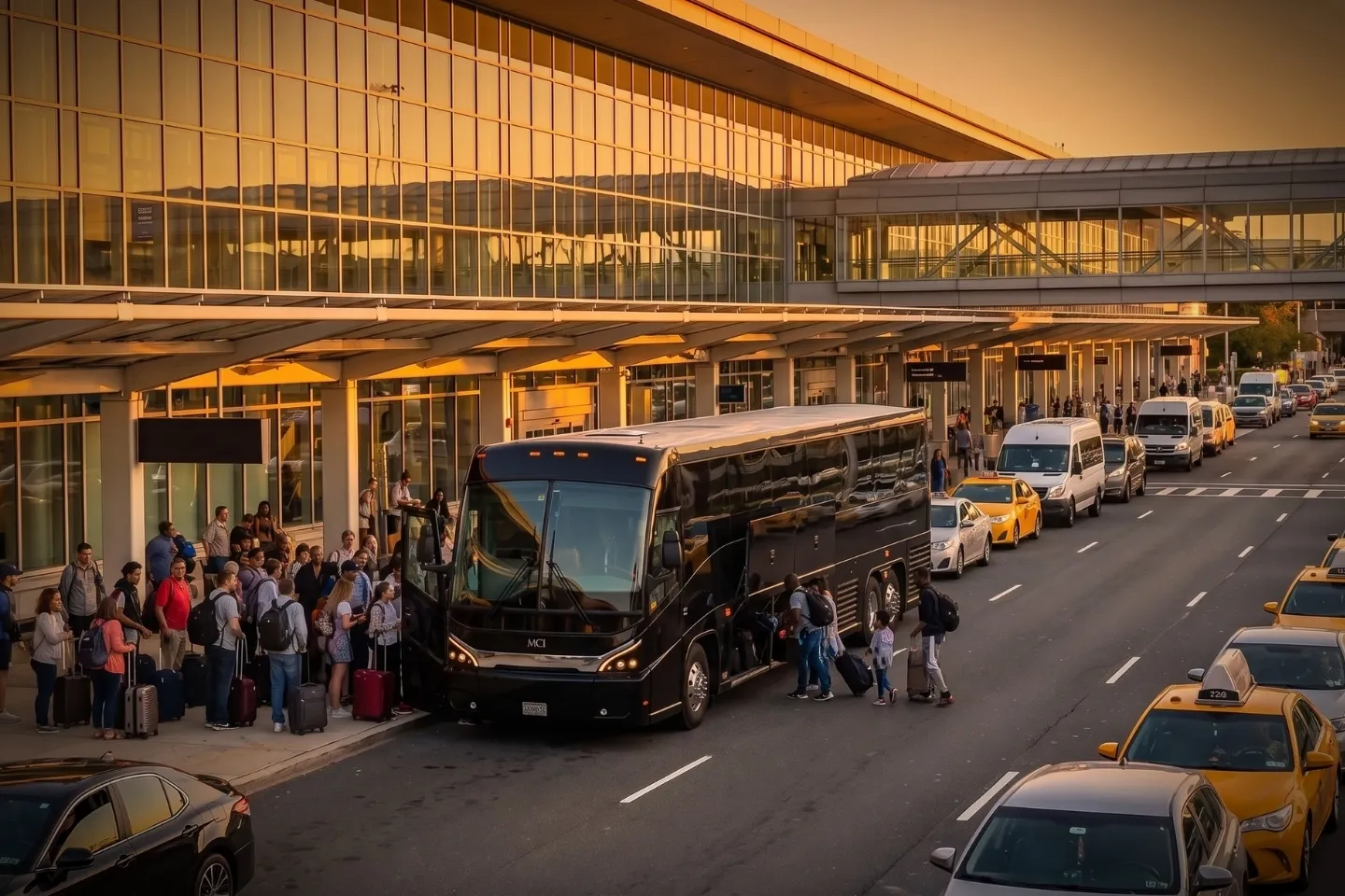 Group travelers lined up beside a charter bus at Philadelphia International Airport