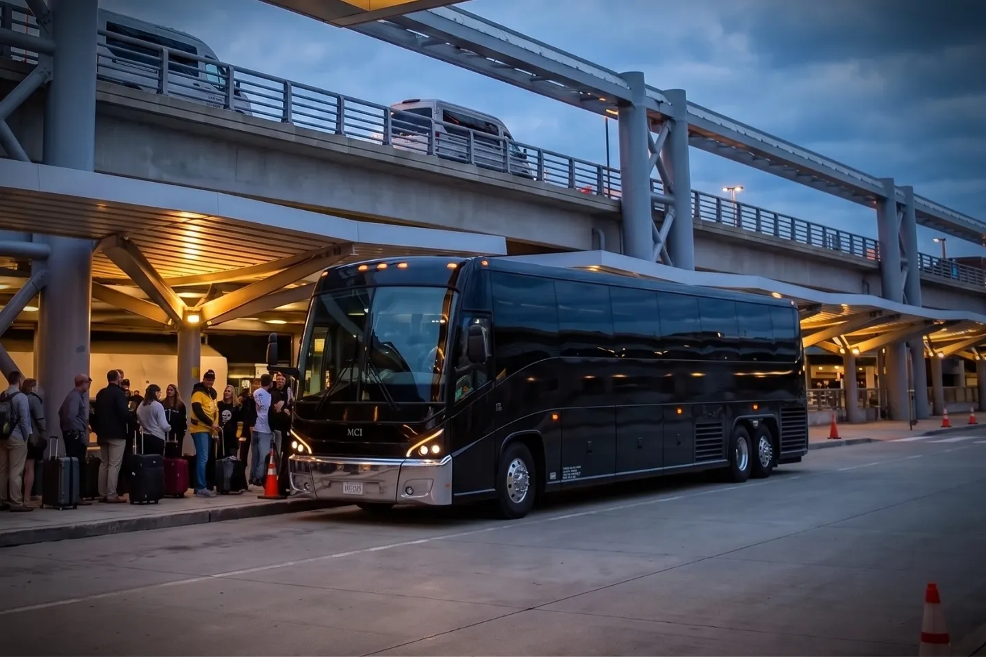 Spacious charter bus interior with reclining seats for a Pittsburgh Airport group