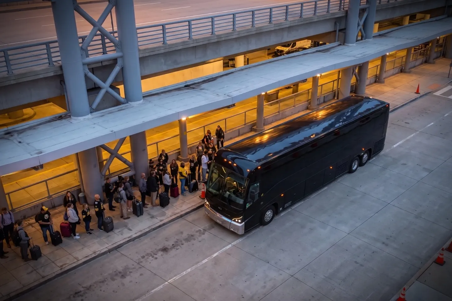 Chauffeur greeting arriving passengers beside a PIT Airport charter bus