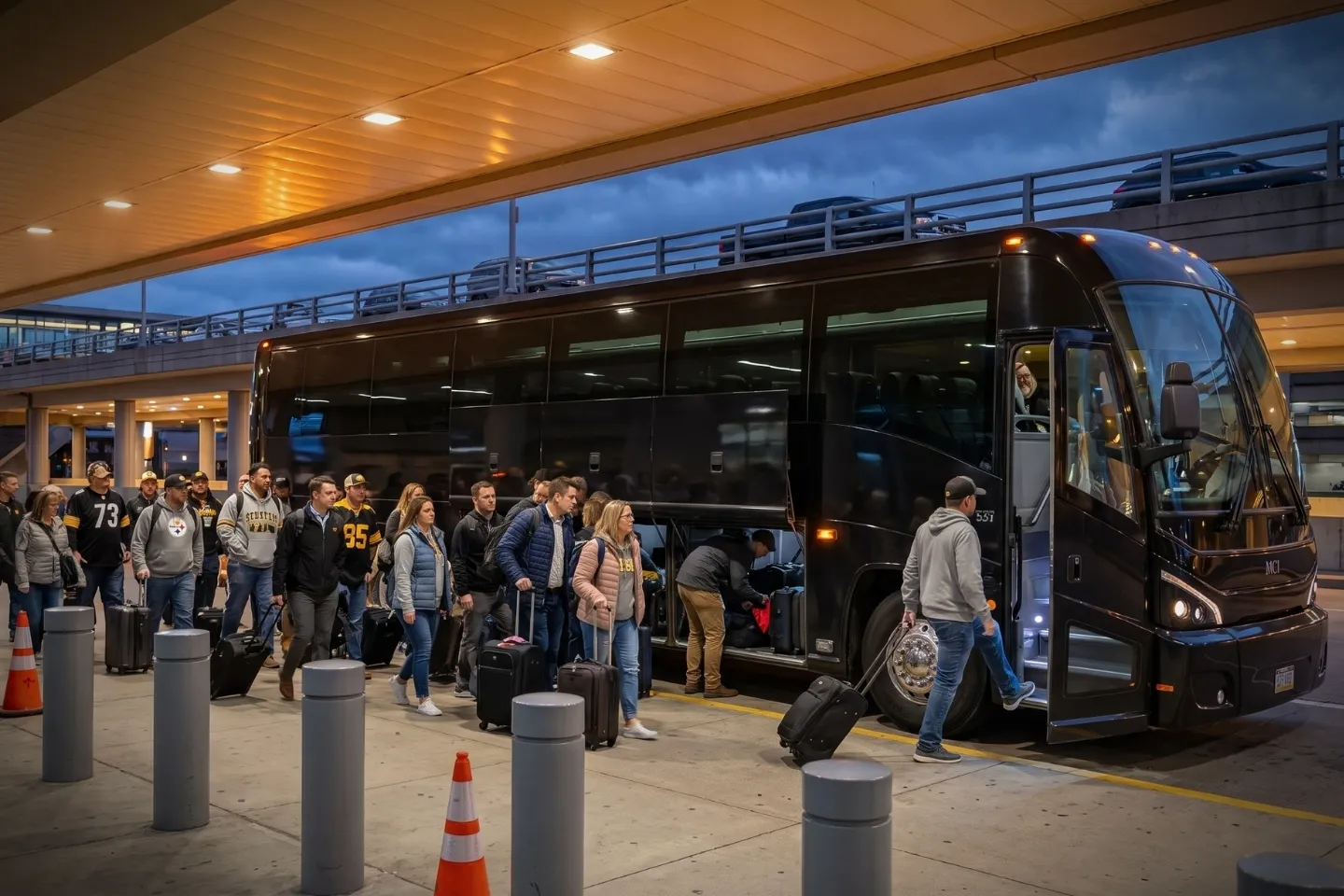 Luggage being loaded into a charter bus at Pittsburgh International Airport