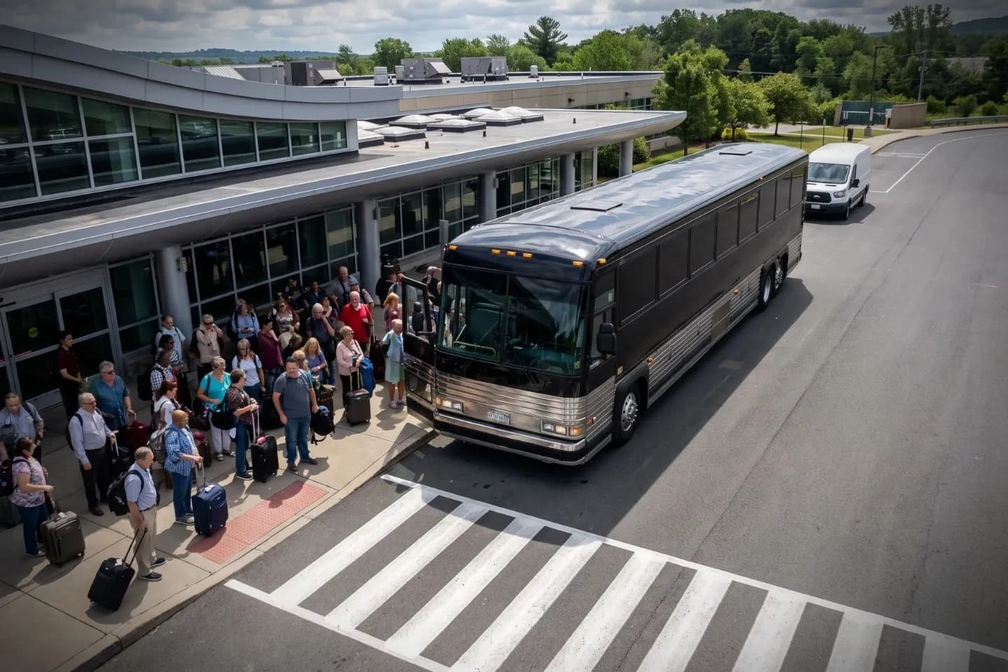 Travelers boarding a motor coach at AVP Airport in Avoca Pennsylvania