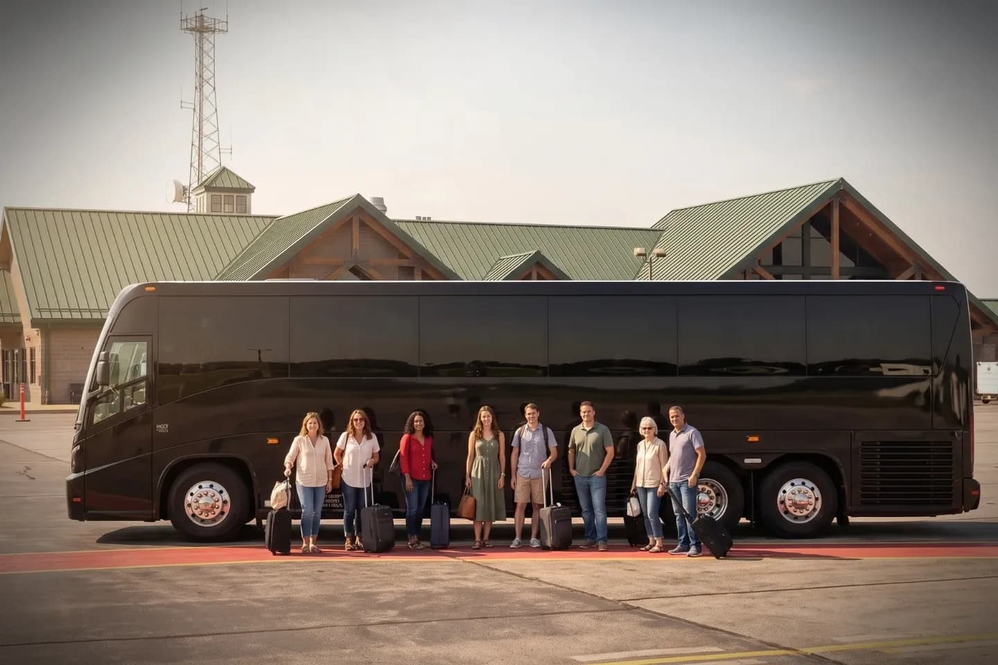 Travelers gathered beside an LNS Airport charter bus before departure
